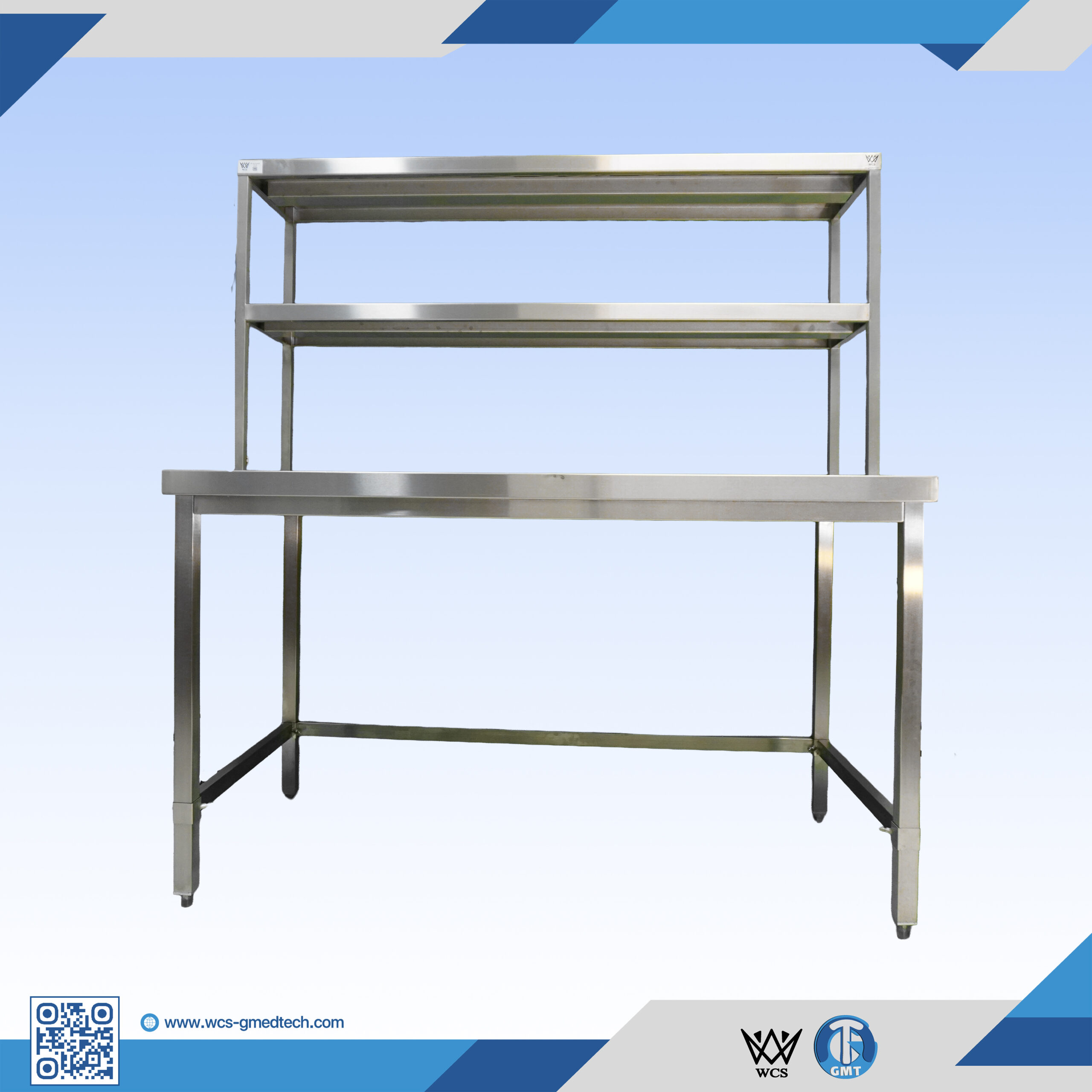 WCS-T005 304 stainless steel medical packaging table with satin finish and two upper shelves