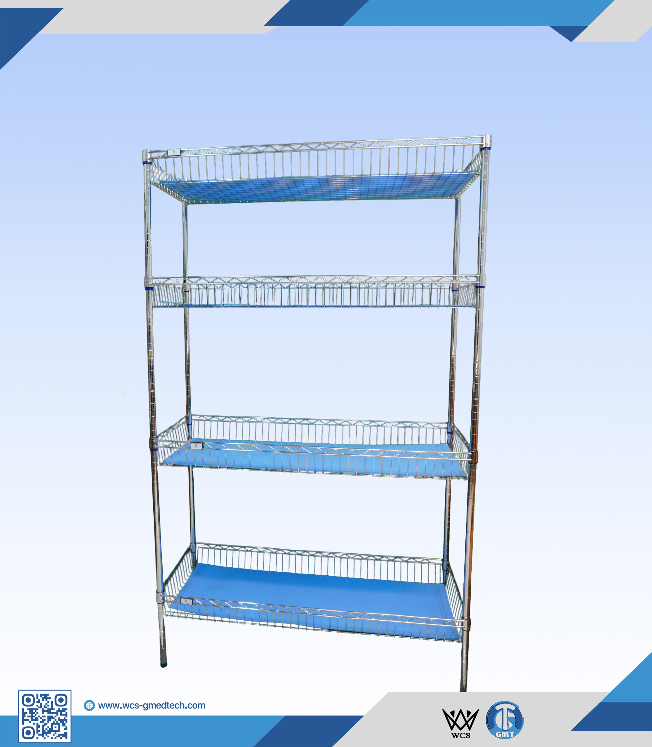 WCS-S019 4-tier heavy duty chrome wire shelf basket with adjustable feet, measuring 60x90x200 cm and supporting 250 kgs
