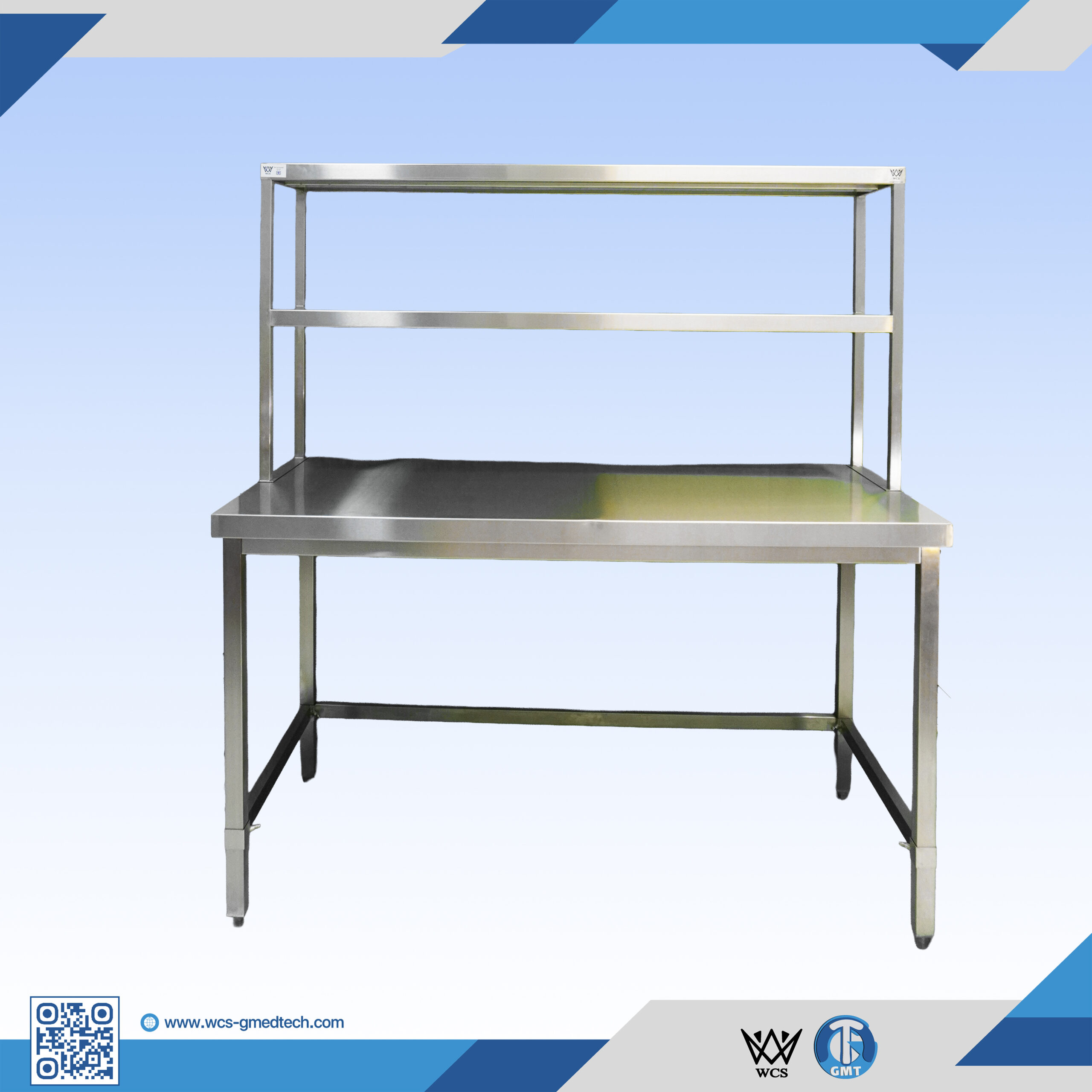 WCS-T005 304 stainless steel medical packaging table with satin finish and two upper shelves