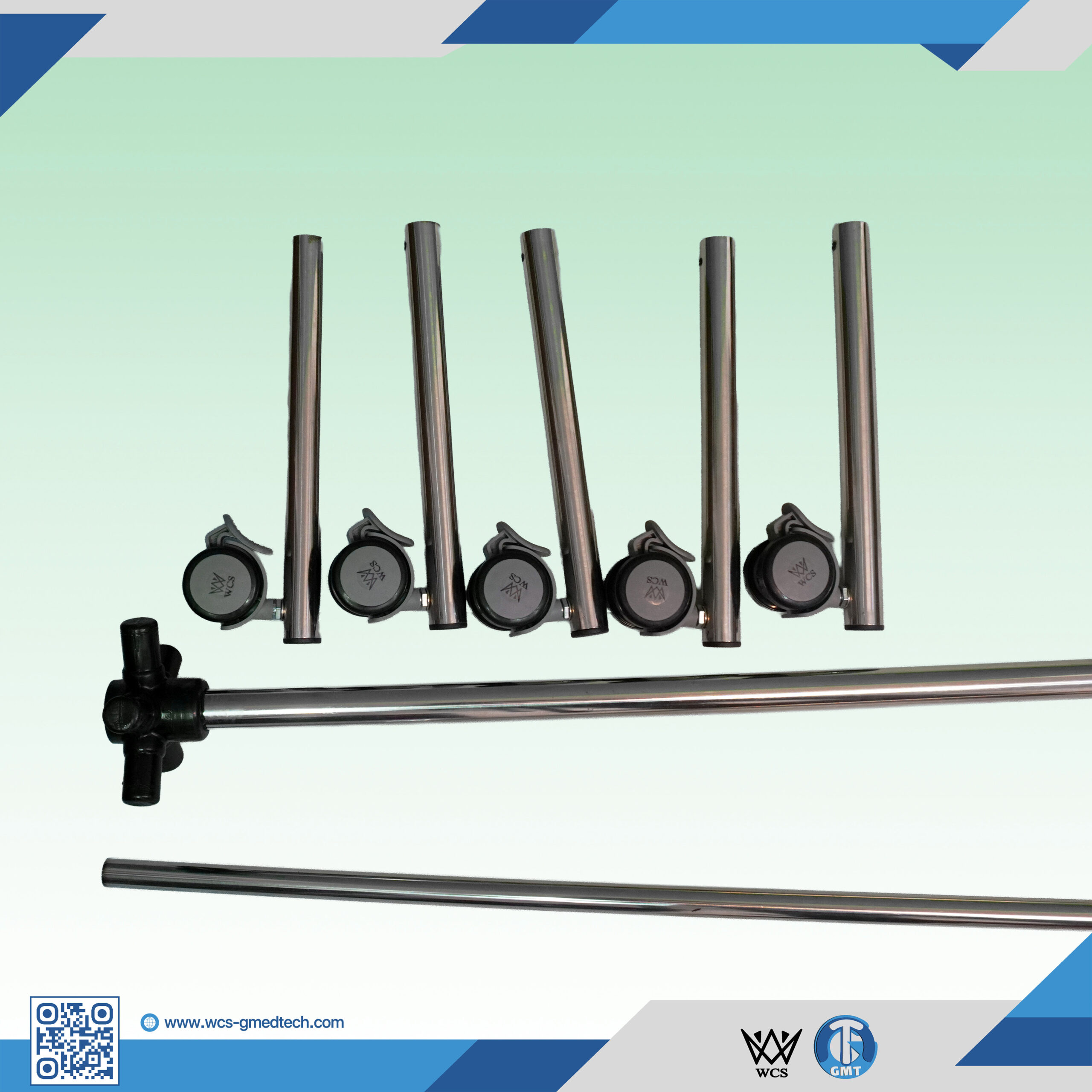 WCS-TR019 I.V Stand Regular featuring a stainless steel frame, four top hooks, and a penta base with five castors for clinical mobility