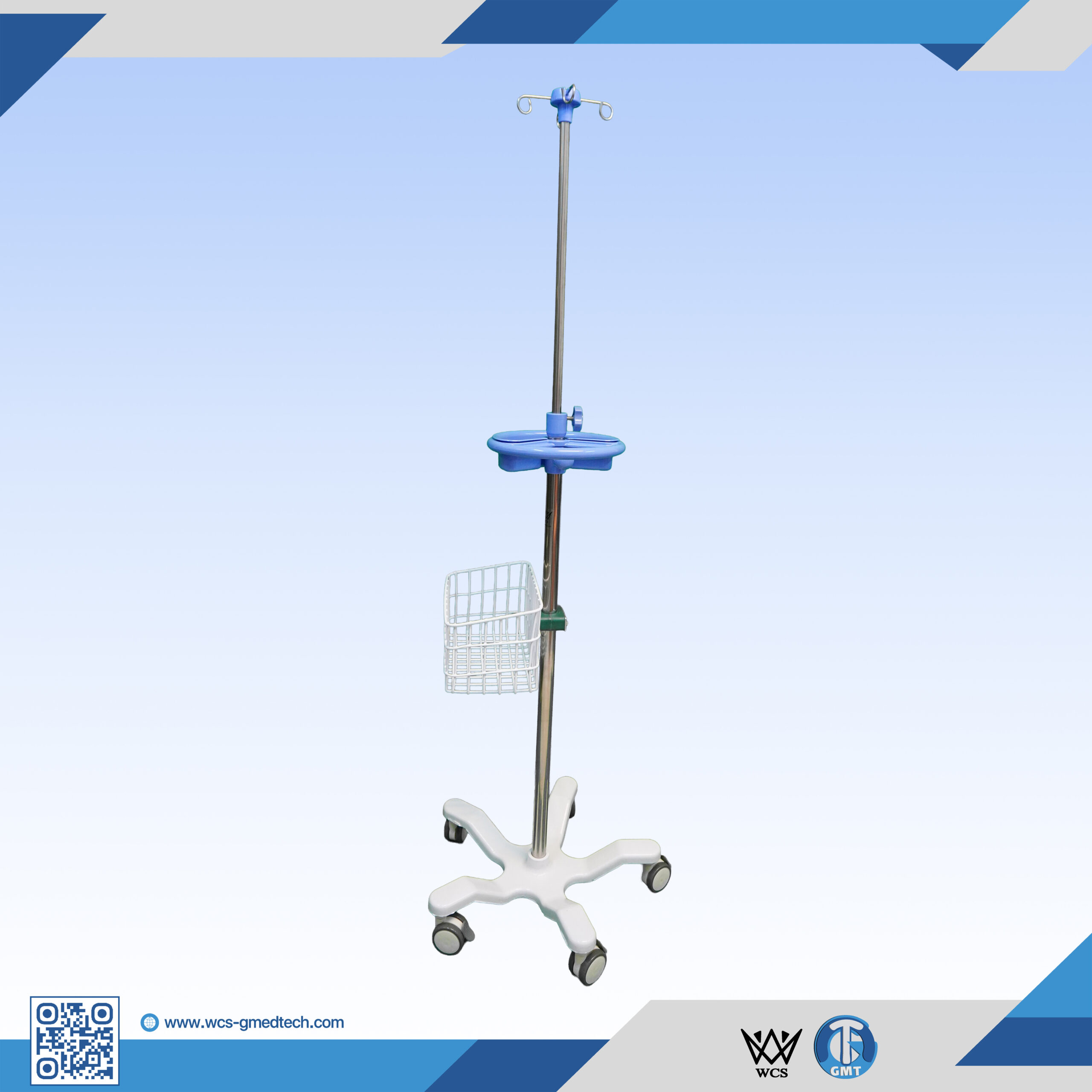 WCS-TR064 Heavy Duty V4 IV Stand with stainless steel pole, 4 hooks, PVC dish, powder coated basket, and 5-caster penta base