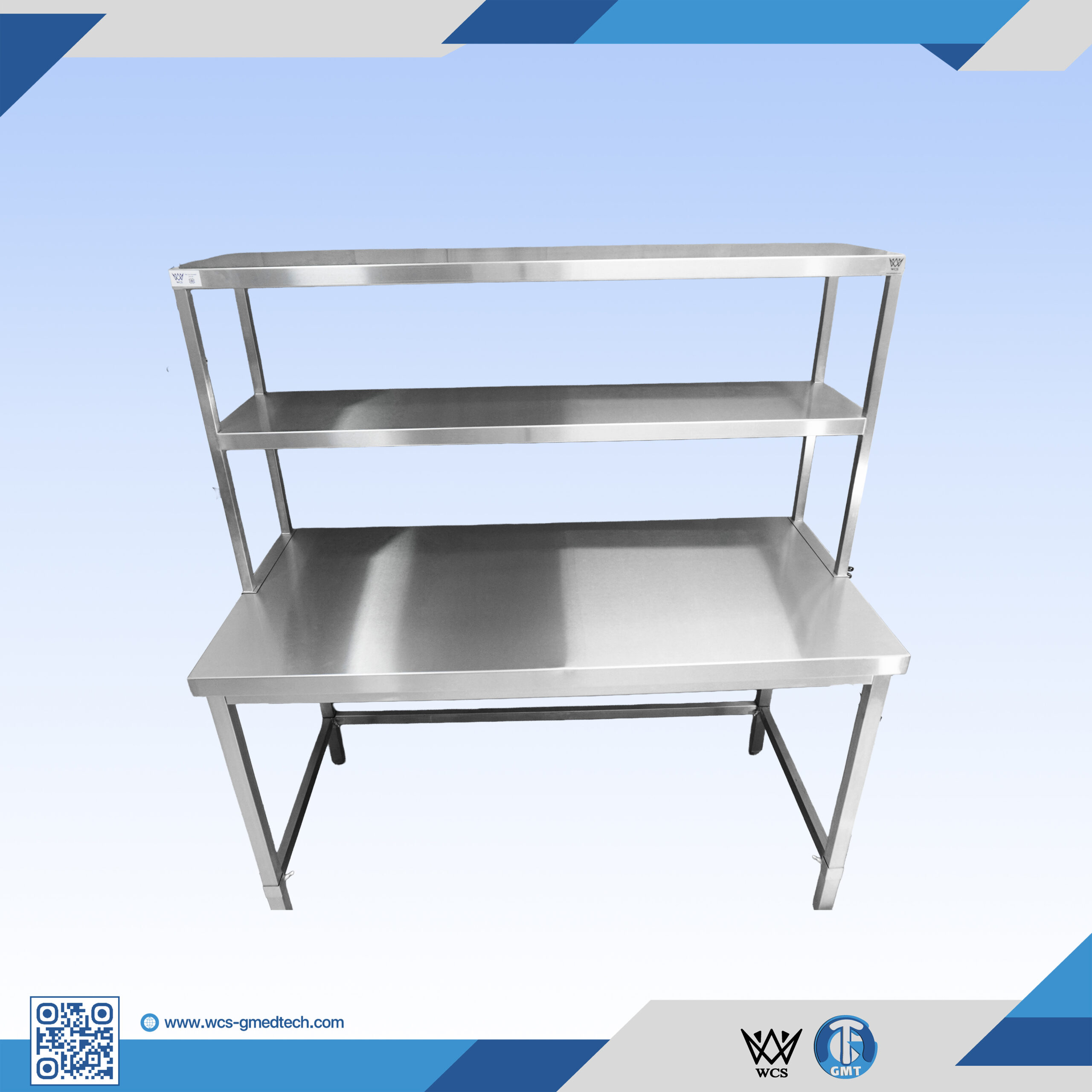 WCS-T005 304 stainless steel medical packaging table with satin finish and two upper shelves