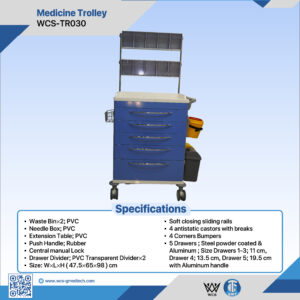 WCS-TR030 Medicine Trolley with 5 powder-coated steel drawers, PVC waste bins, antistatic castors, and central manual lock