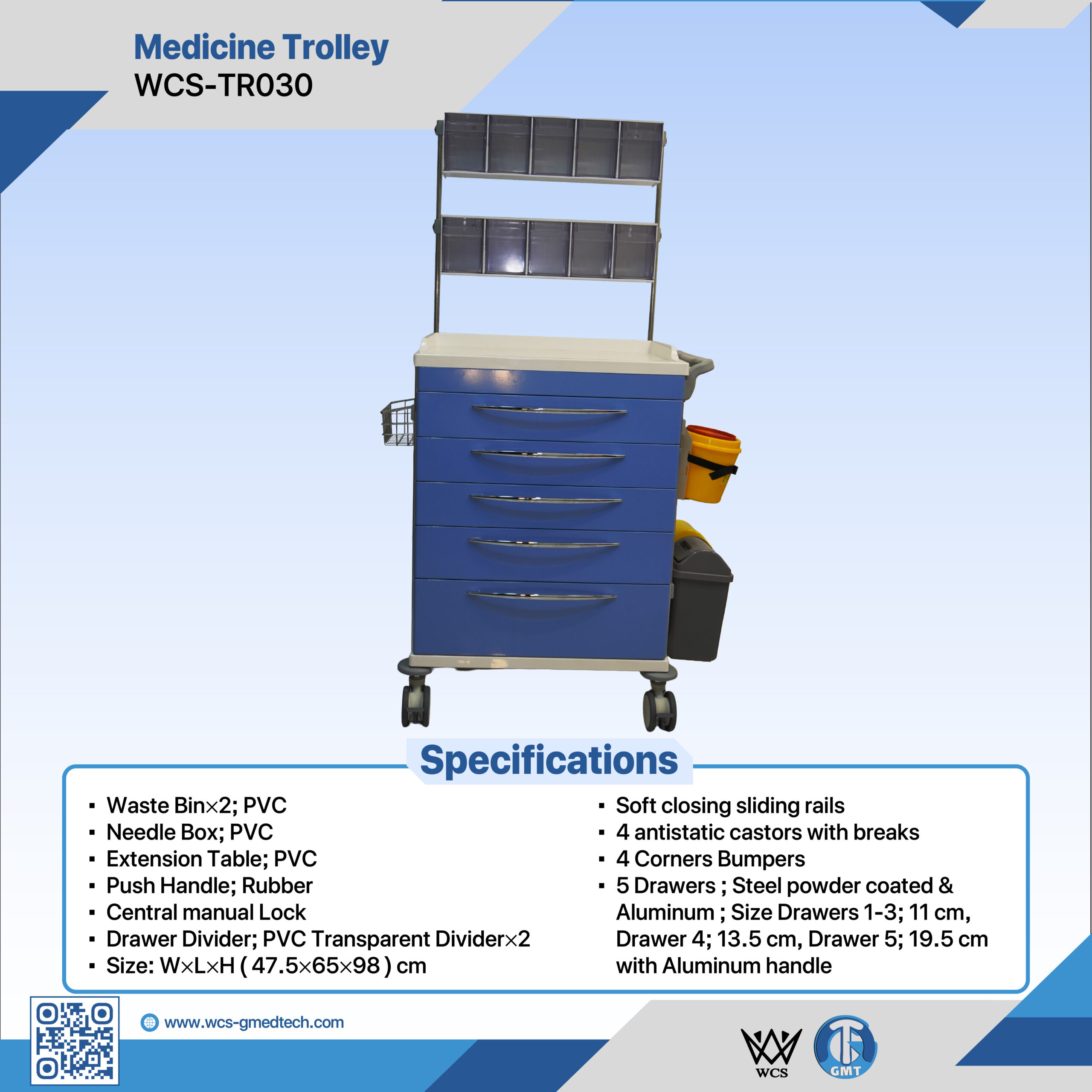 WCS-TR030 Medicine Trolley with 5 powder-coated steel drawers, PVC waste bins, antistatic castors, and central manual lock