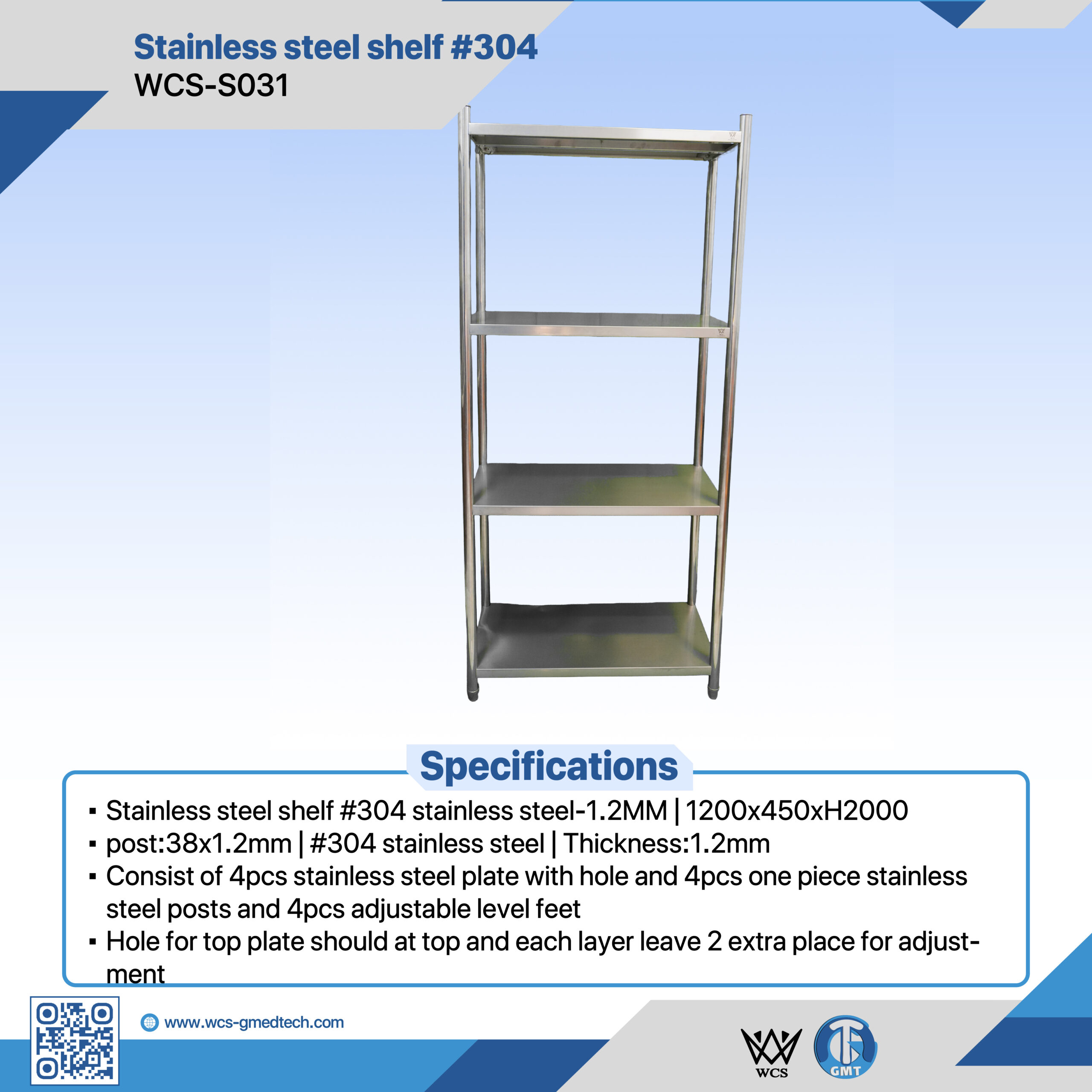 WCS-S031 304 stainless steel 4-tier adjustable shelving unit with perforated plates, 38x1.2mm posts, and 4 adjustable level feet