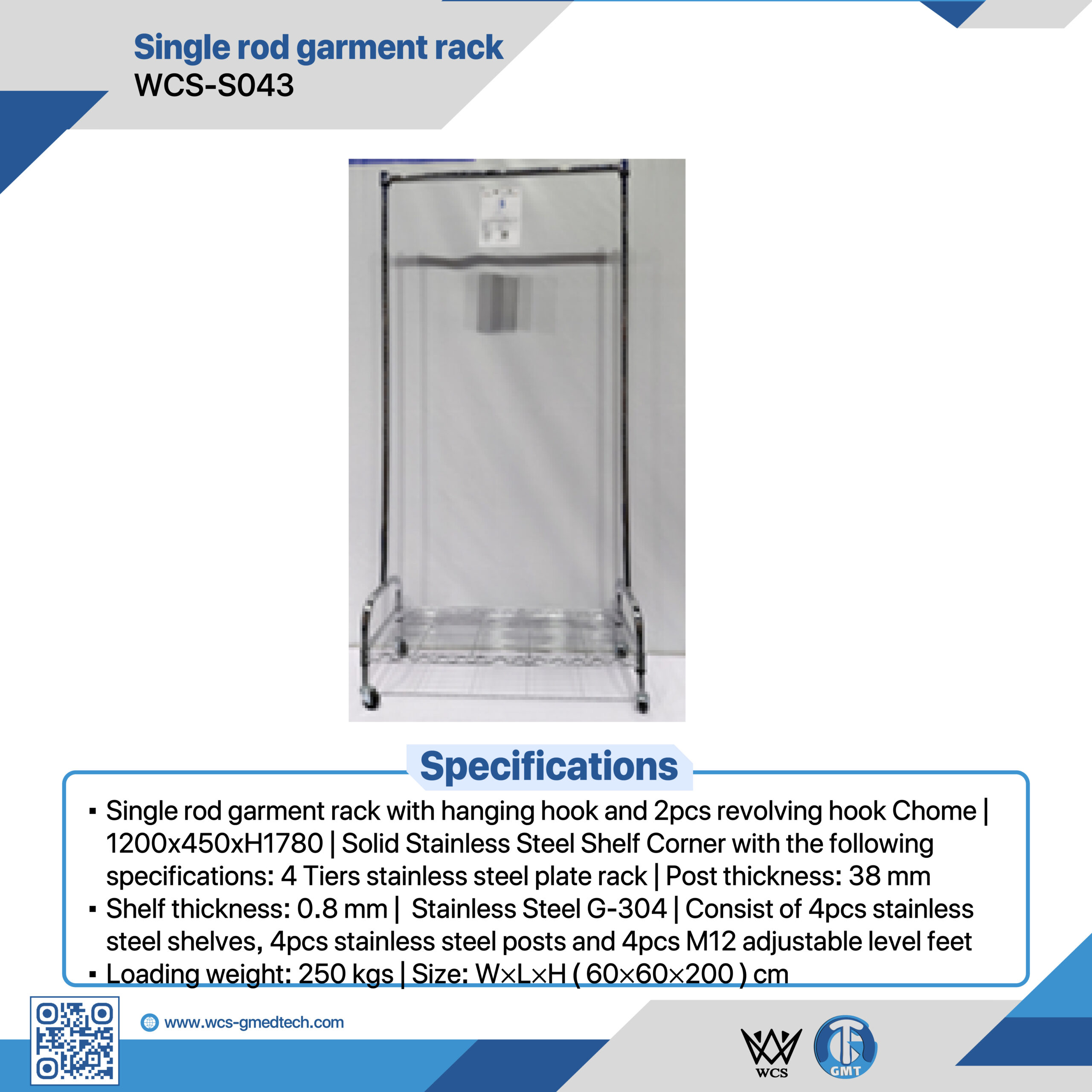WCS-S043 4-tier solid stainless steel shelf corner with 38mm posts, 0.8mm plates, and M12 adjustable level feet