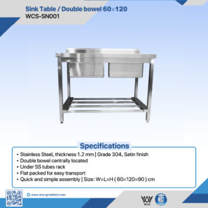 WCS-SN001 double bowel stainless steel sink table with satin finish, centrally located bowls, and under tube rack, measuring 60x120x90 cm