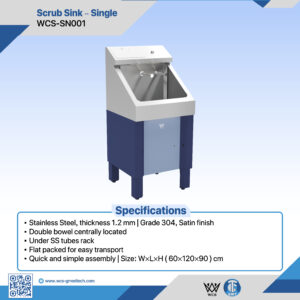 WCS-SN002 Single Scrub Sink featuring 1.2mm Grade 304 stainless steel construction, infrared touchless faucet, and infrared soap dispenser