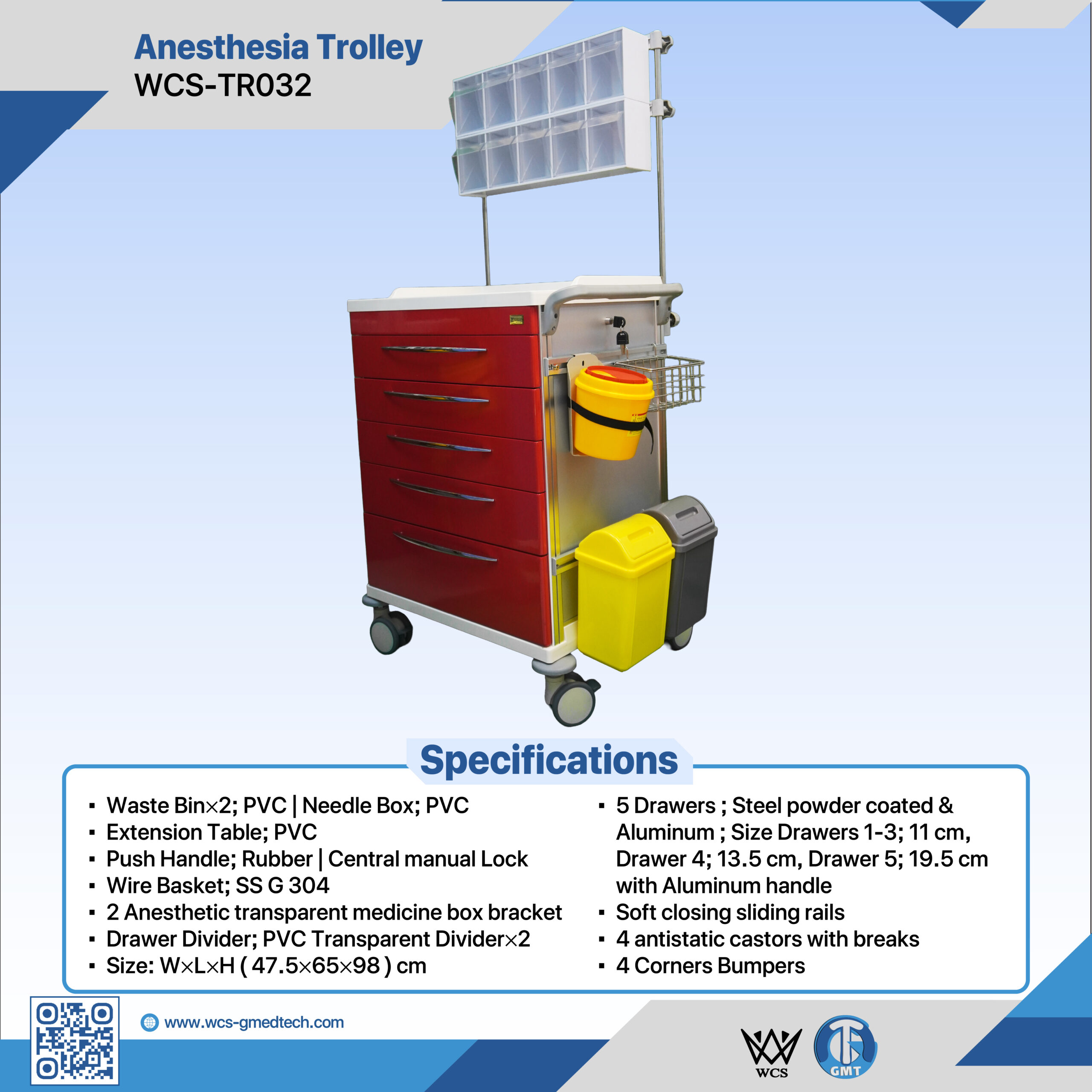 WCS-TR032 Anesthesia Trolley with 5 soft-closing drawers, antistatic castors, PVC waste bins, and SS 304 wire basket