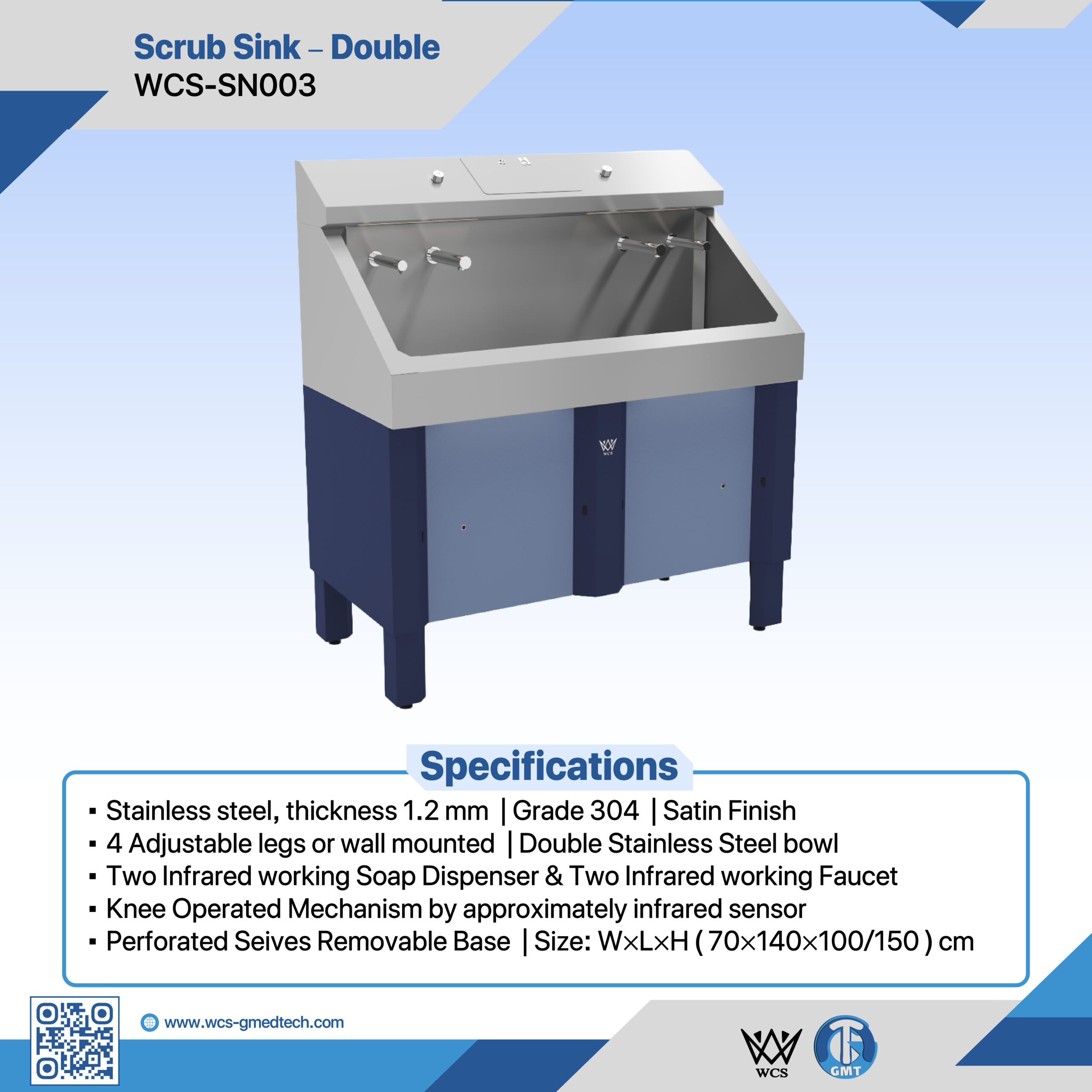 WCS-SN003 double bowl scrub sink with infrared sensors and 304 stainless steel construction