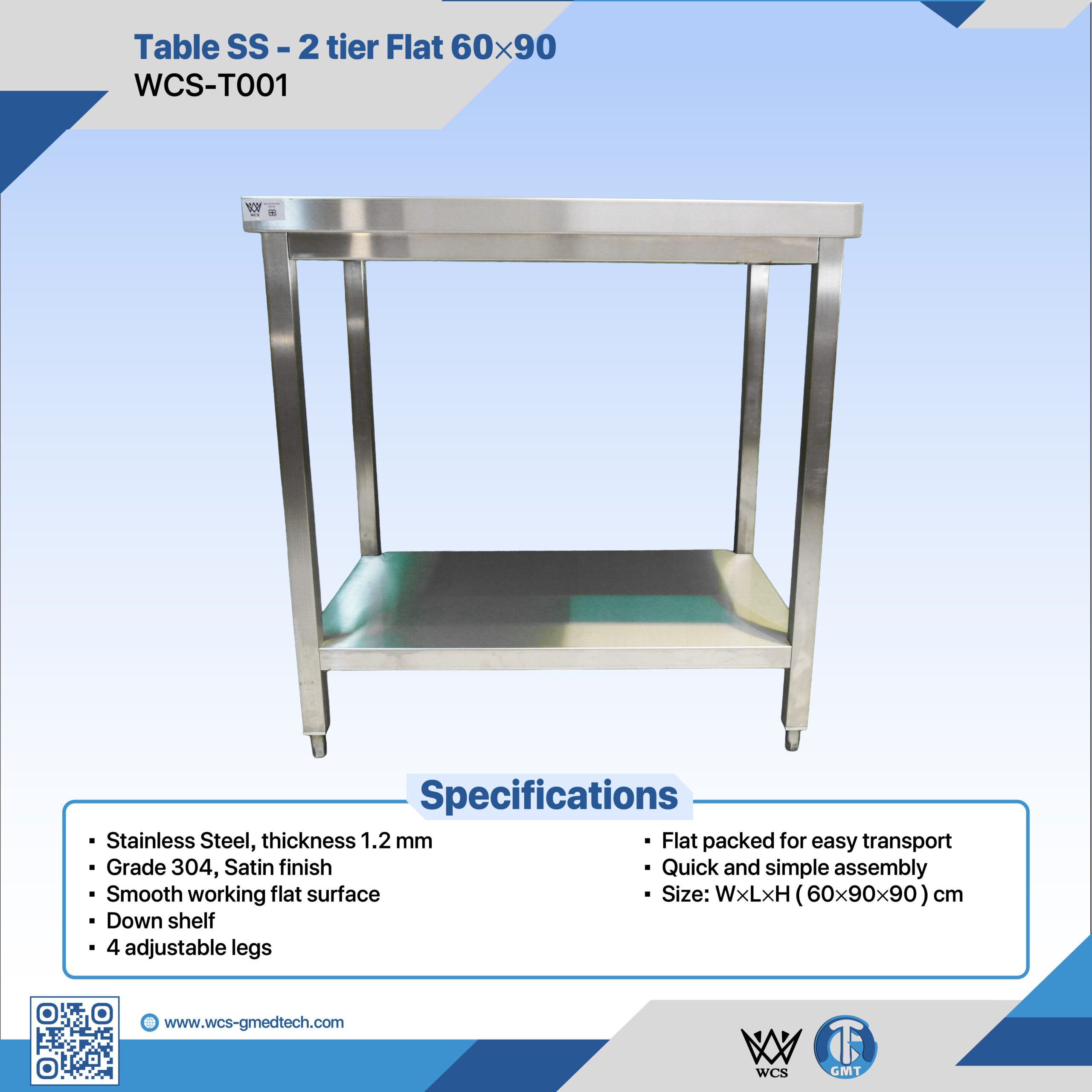 WCS-T001 two-tier flat stainless steel table with satin finish and lower shelf, measuring 60x90x90 cm