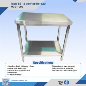 WCS-T002 304 stainless steel 2-tier flat table with satin finish and lower shelf, measuring 60x120x90 cm