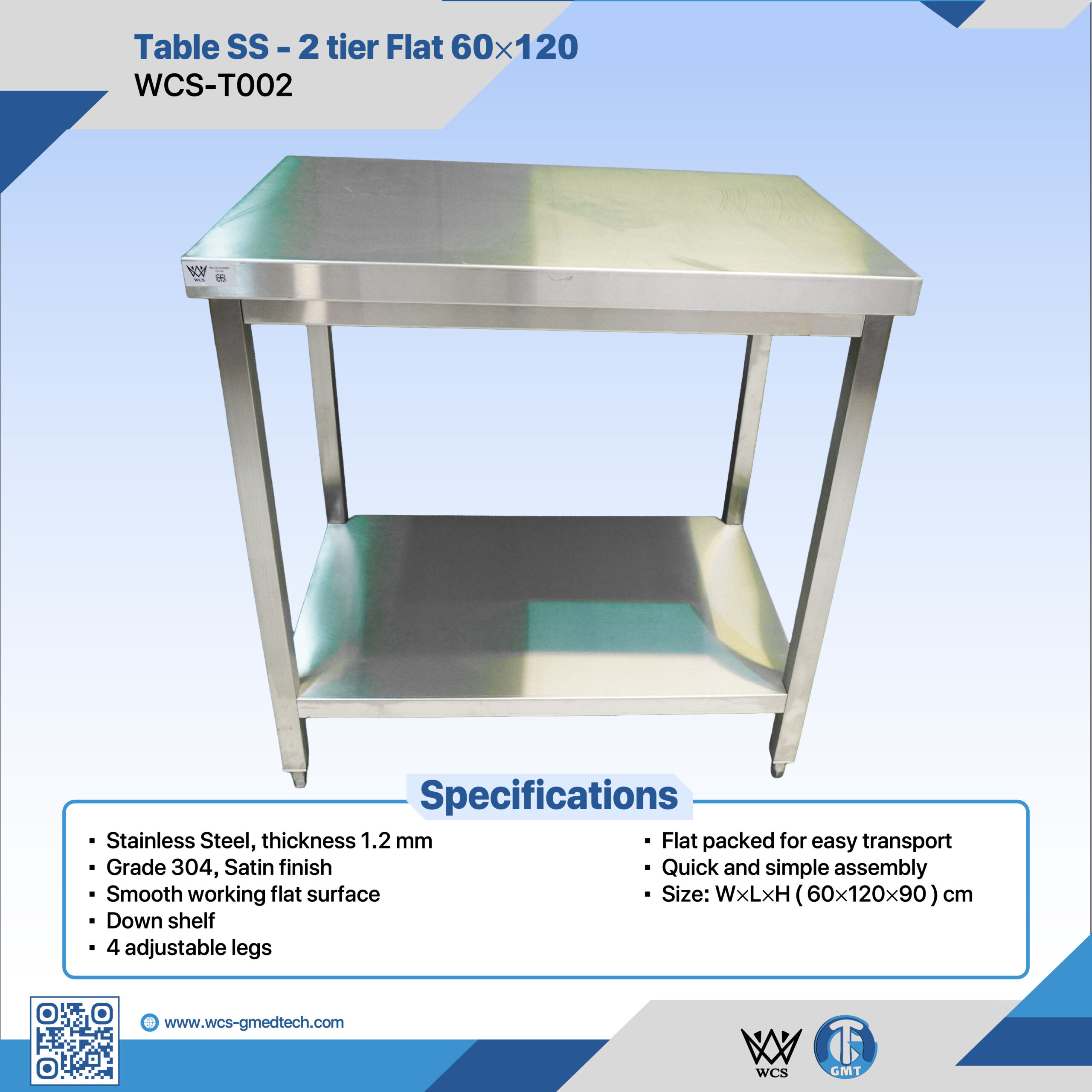 WCS-T002 304 stainless steel 2-tier flat table with satin finish and lower shelf, measuring 60x120x90 cm