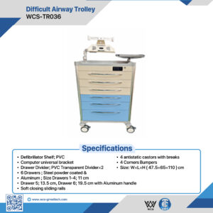 WCS-TR036 Difficult Airway Trolley with 6 steel and aluminum drawers, PVC defibrillator shelf, and antistatic castors