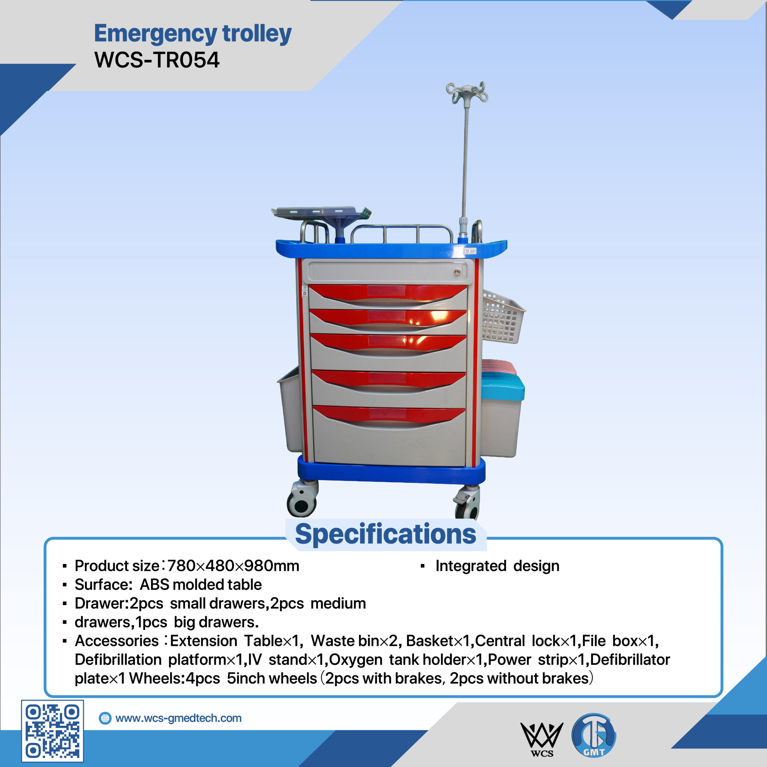 WCS-TR054 Emergency Trolley with ABS molded surface, five drawers, IV stand, oxygen tank holder, and 5-inch wheels