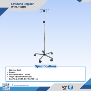 WCS-TR019 I.V Stand Regular featuring a stainless steel frame, four top hooks, and a penta base with five castors for clinical mobility