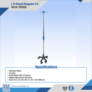 WCS-TR058 I.V Stand Regular V3 featuring a stainless steel pole, 4 hooks, and a penta base with 5 castors for clinical use