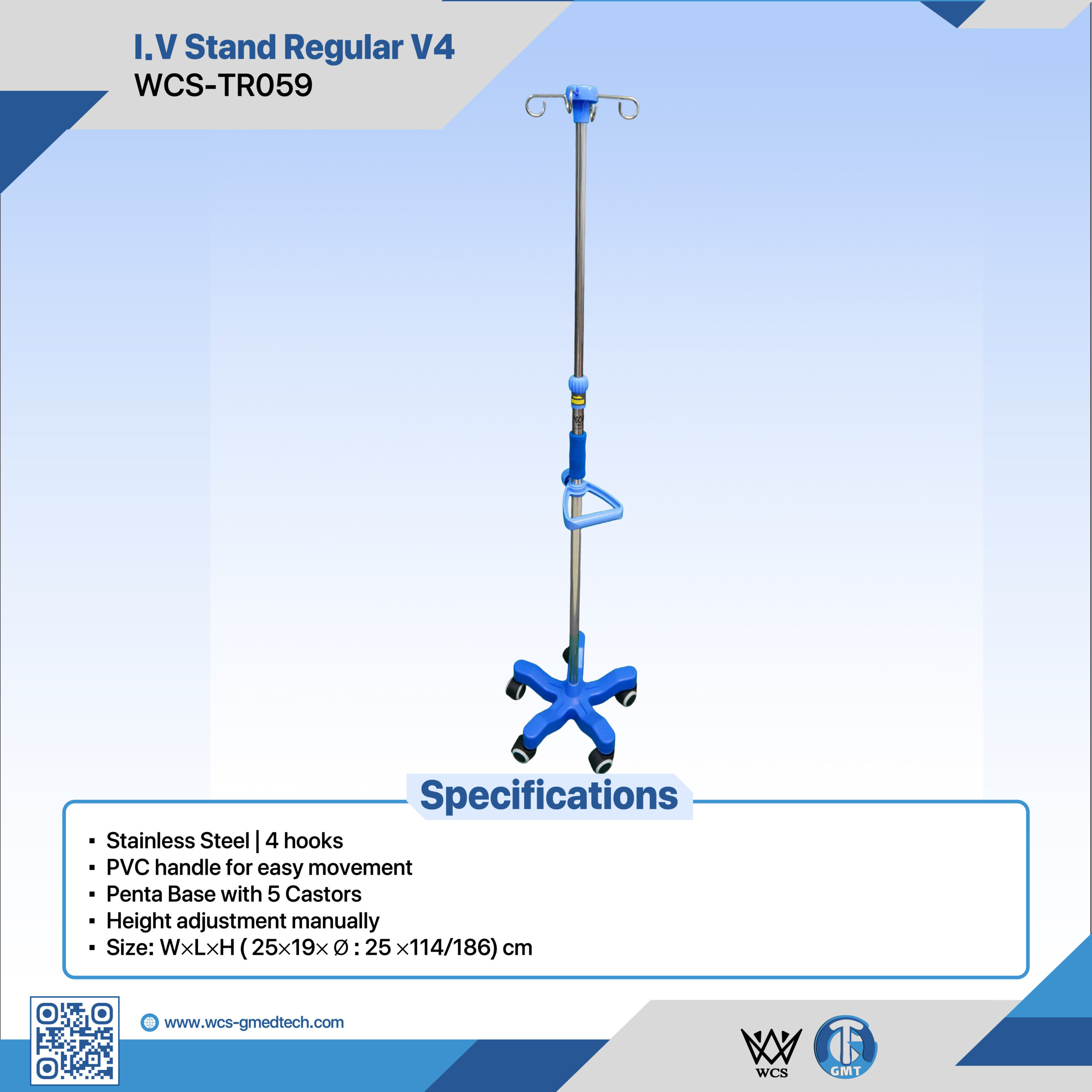 WCS-TR059 I.V Stand Regular V4 stainless steel IV pole with 4 hooks, PVC handle, and 5-castor penta base