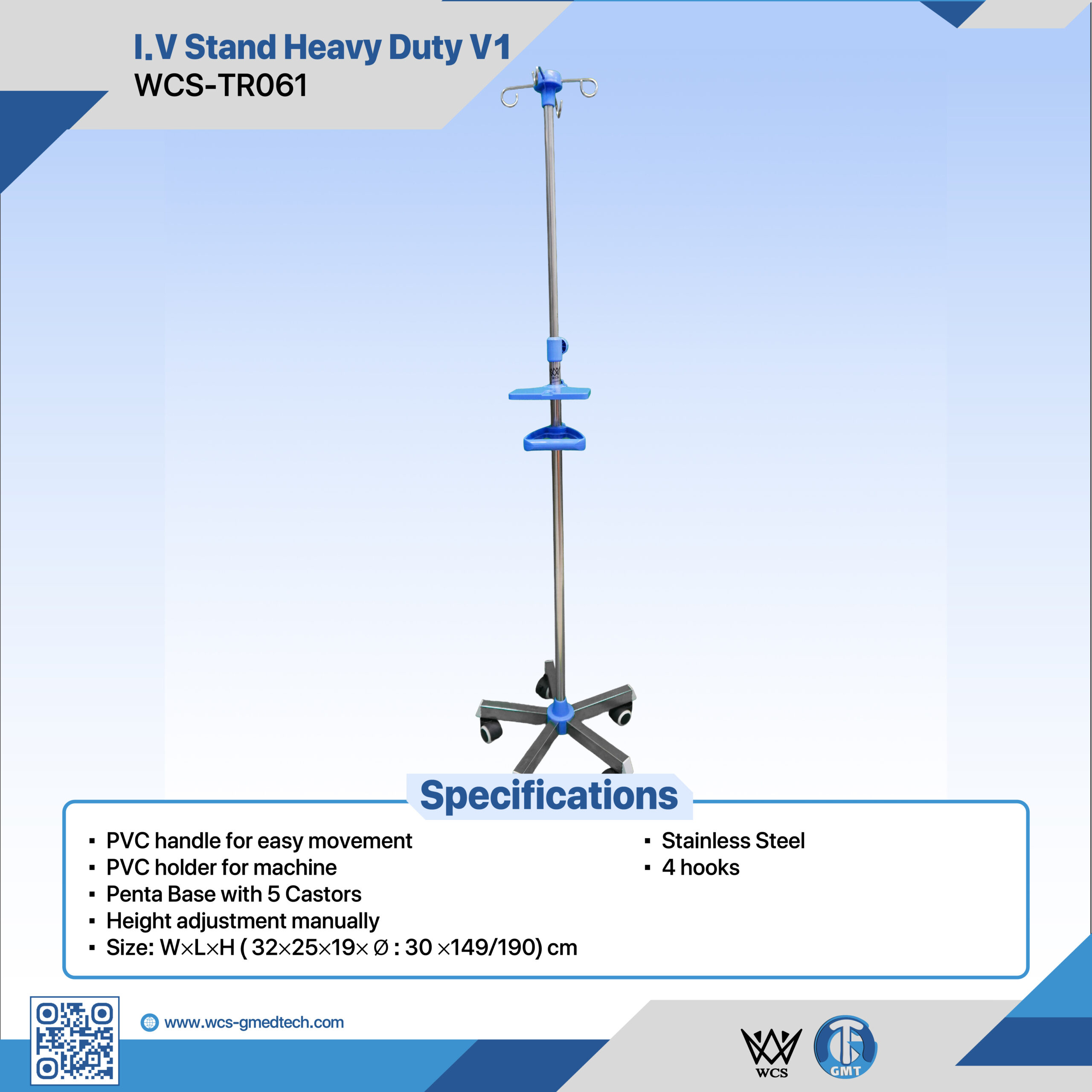 WCS-TR061 Heavy Duty I.V Stand featuring stainless steel construction, four hooks, PVC handle, and a five-castor penta base.