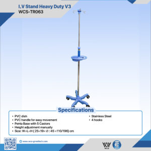 WCS-TR063 Heavy Duty V3 Stainless Steel I.V. Stand with 4 hooks, PVC dish, and 5-wheel penta base