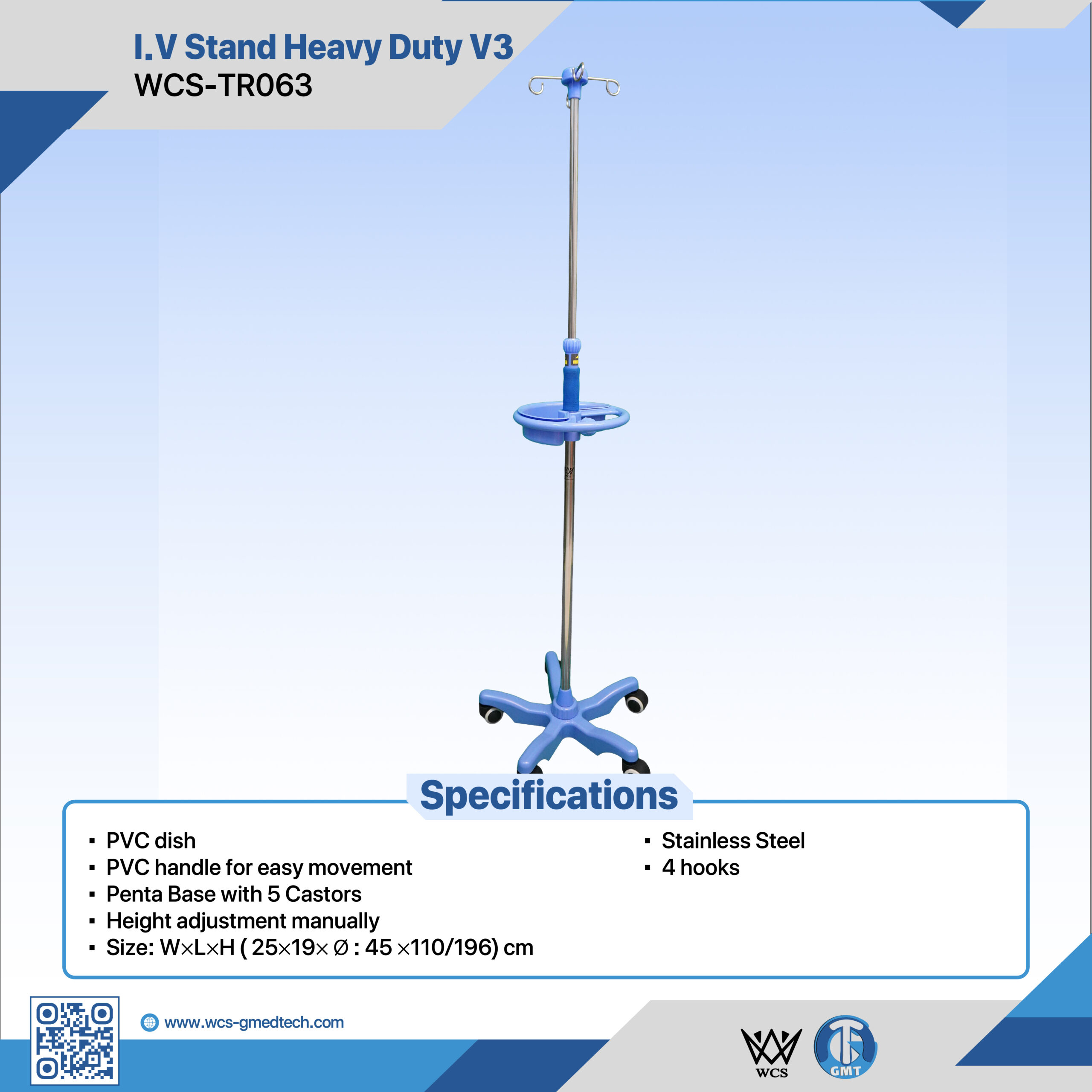 WCS-TR063 Heavy Duty V3 Stainless Steel I.V. Stand with 4 hooks, PVC dish, and 5-wheel penta base