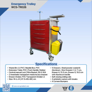 WCS-TR026 Emergency Trolley with 5 soft-closing drawers, antistatic castors, PVC waste bins, and stainless steel wire basket