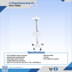 WCS-TR065 Heavy Duty V5 stainless steel I.V stand featuring 4 hooks, PVC machine holder, powder-coated basket, and penta base with 5 castors
