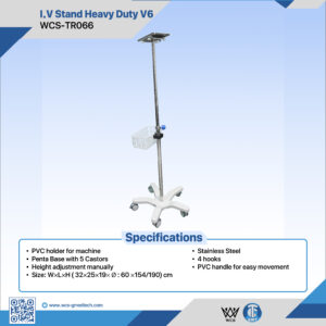 WCS-TR066 Heavy Duty V6 Stainless Steel I.V Stand with 4 hooks, PVC handle, and penta base with 5 castors
