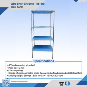 4-tier heavy duty chrome wire shelf measuring 45x90x200 cm with adjustable level feet and 250 kg load capacity