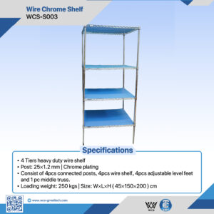 WCS-S003 4-tier heavy-duty chrome wire shelf with adjustable feet and middle truss support