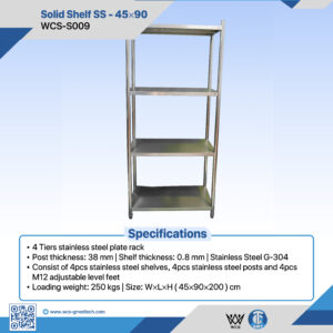 Four-tier solid stainless steel storage rack with 38mm posts and adjustable level feet, measuring 45x90x200 cm