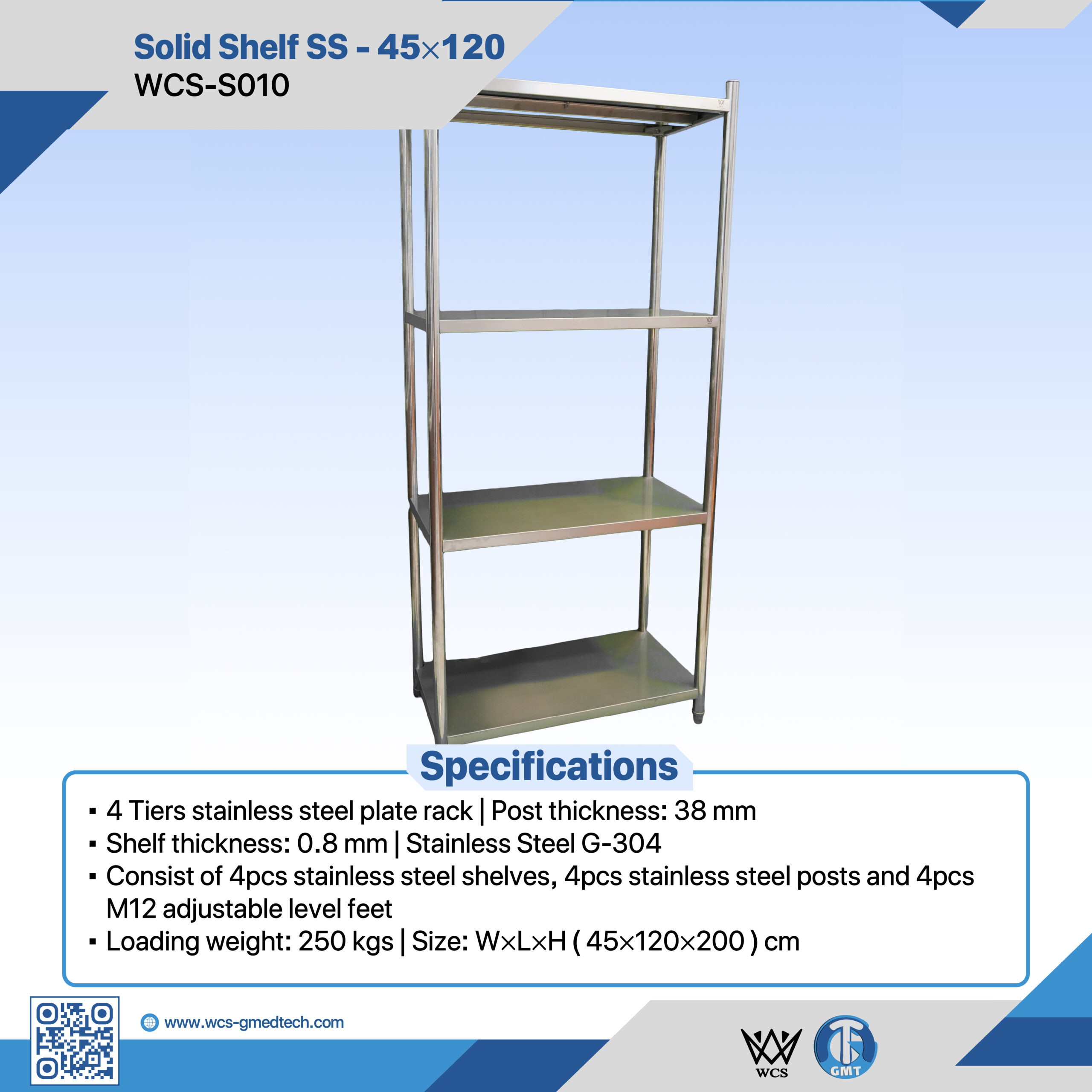 Four-tier solid stainless steel shelf unit measuring 45x120x200 cm with 38mm posts and adjustable M12 level feet