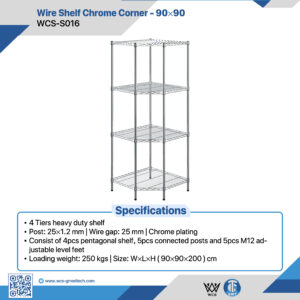 WCS-S016 90x90cm chrome plated 4-tier heavy duty wire corner shelf with pentagonal shelves and adjustable level feet