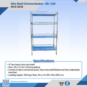 WCS-S018 4-tier heavy duty chrome wire shelf basket measuring 45x120x200 cm with adjustable level feet and 250kg load capacity