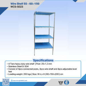 4-tier heavy duty 304 stainless steel wire shelf measuring 60x150x200 cm with adjustable feet