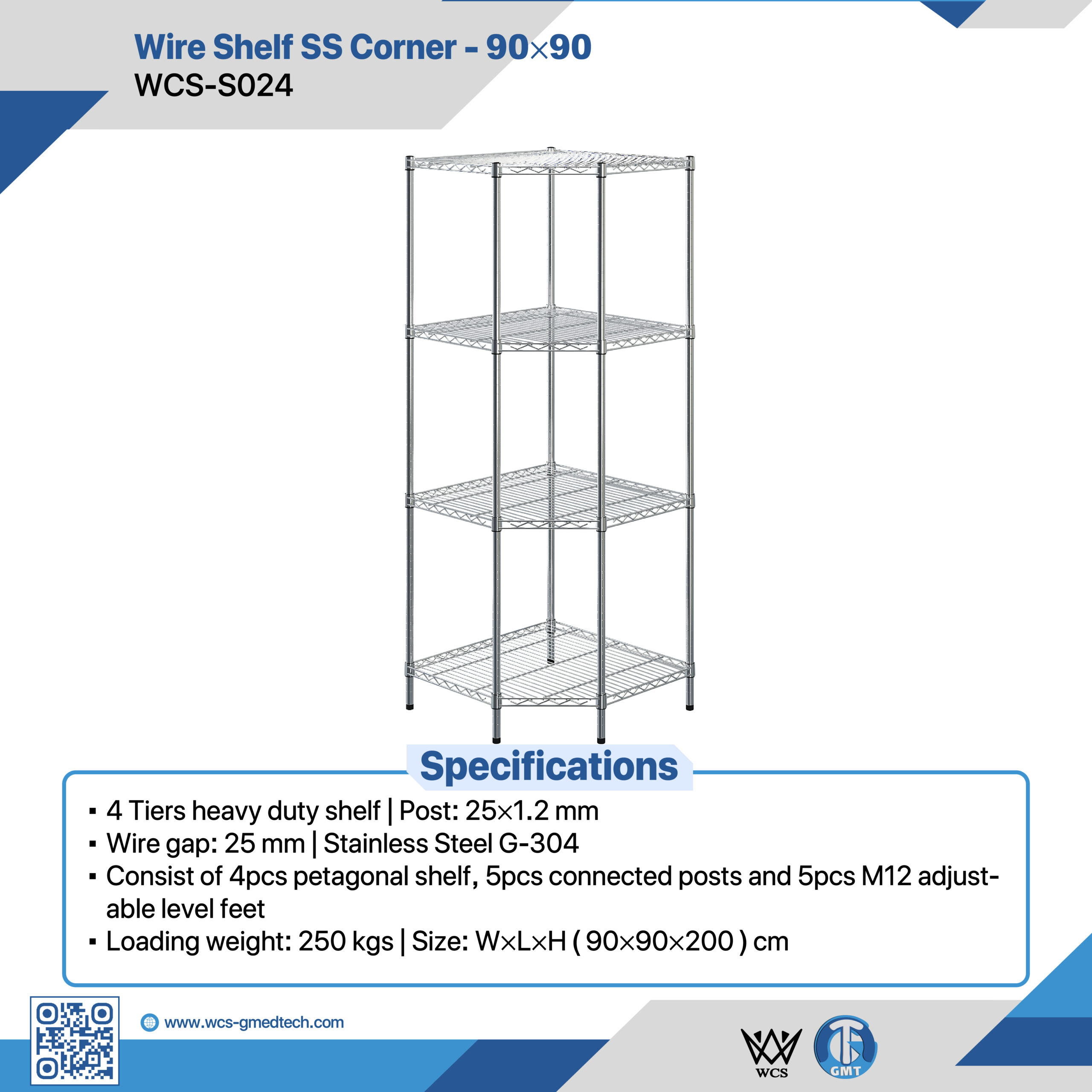 WCS-S024 4-tier heavy duty stainless steel corner wire shelf with adjustable M12 level feet and 25mm wire spacing