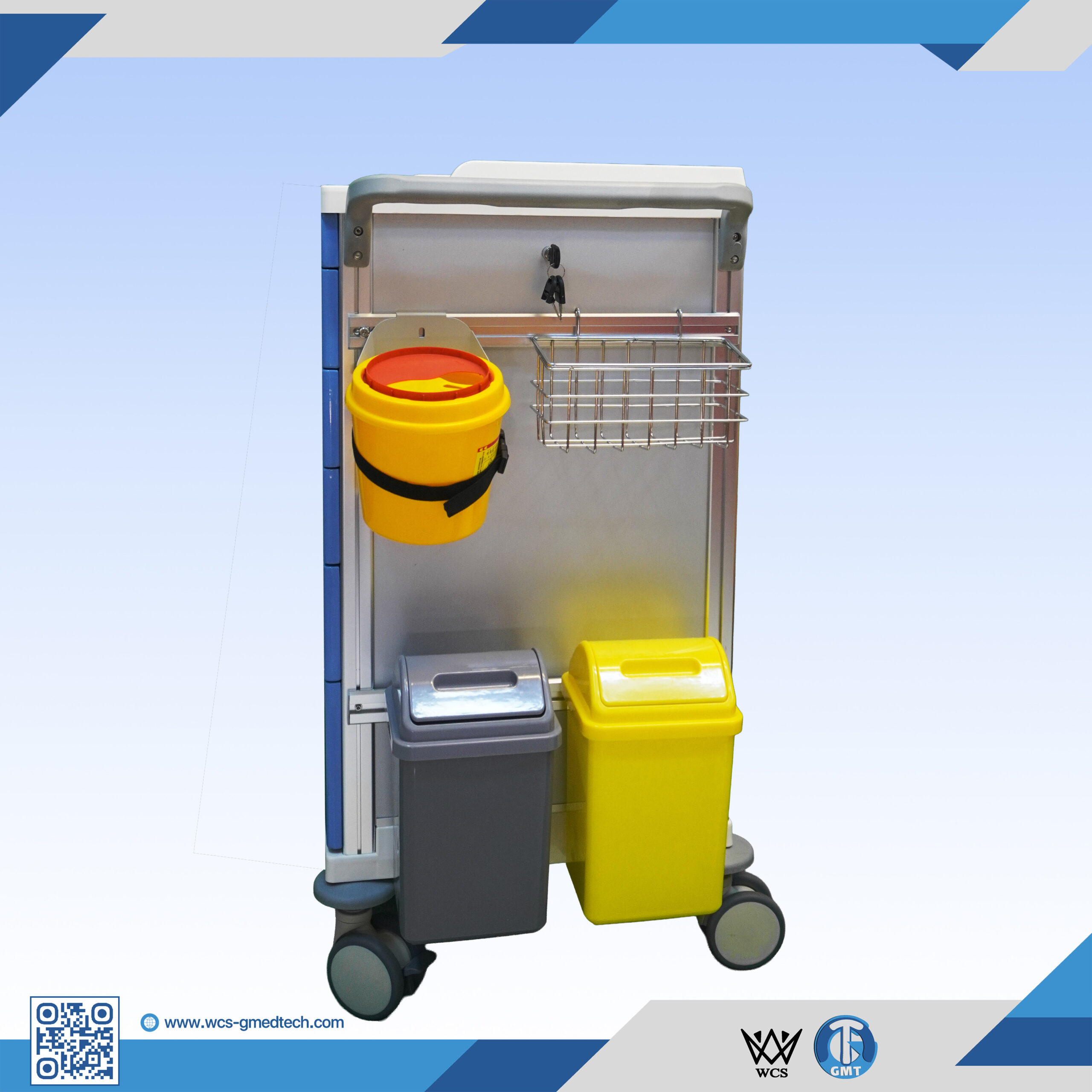 WCS-TR030 Medicine Trolley with 5 powder-coated steel drawers, PVC waste bins, antistatic castors, and central manual lock