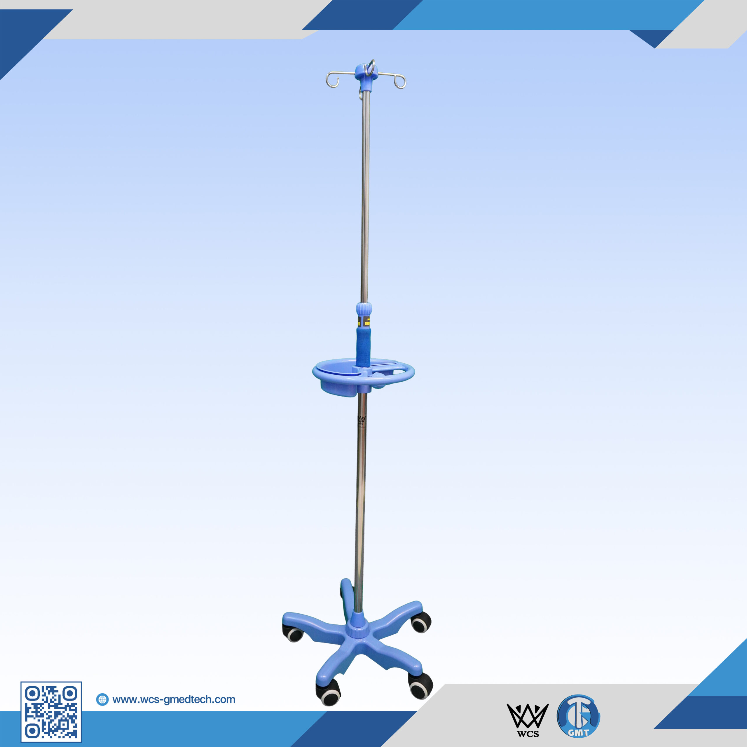 WCS-TR063 Heavy Duty V3 Stainless Steel I.V. Stand with 4 hooks, PVC dish, and 5-wheel penta base