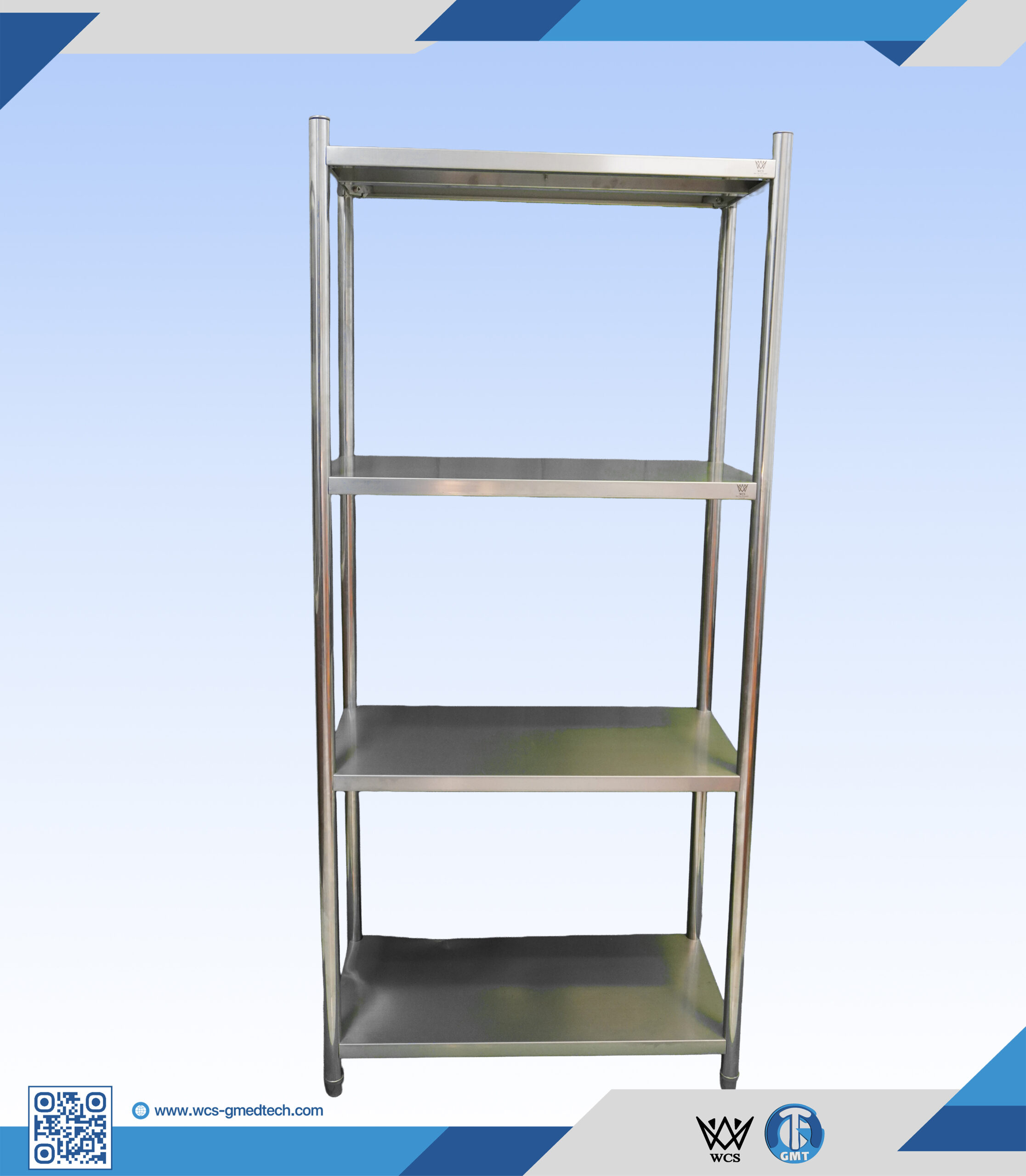 Four-tier solid stainless steel shelf unit measuring 45x120x200 cm with 38mm posts and adjustable M12 level feet