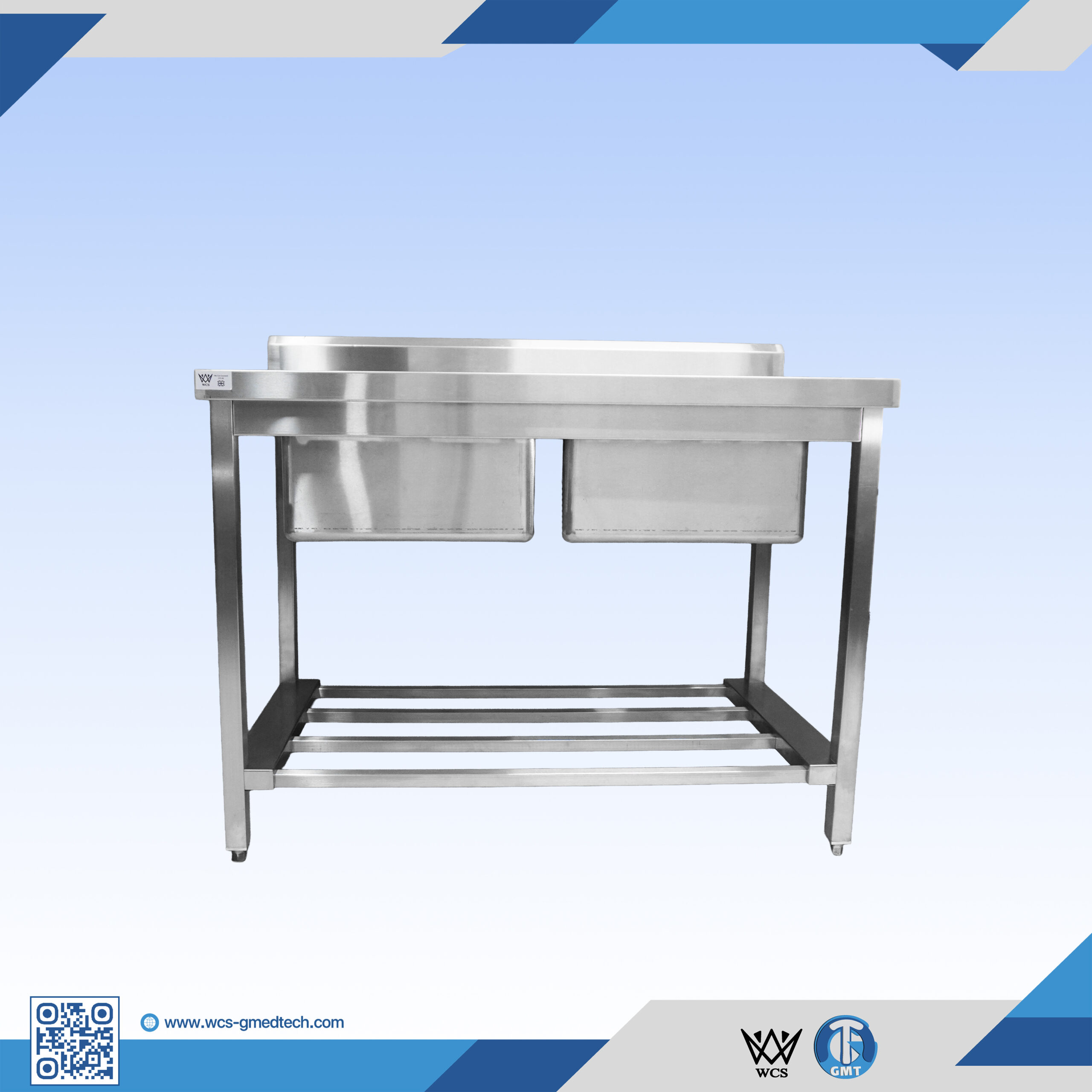 WCS-SN001 double bowel stainless steel sink table with satin finish, centrally located bowls, and under tube rack, measuring 60x120x90 cm