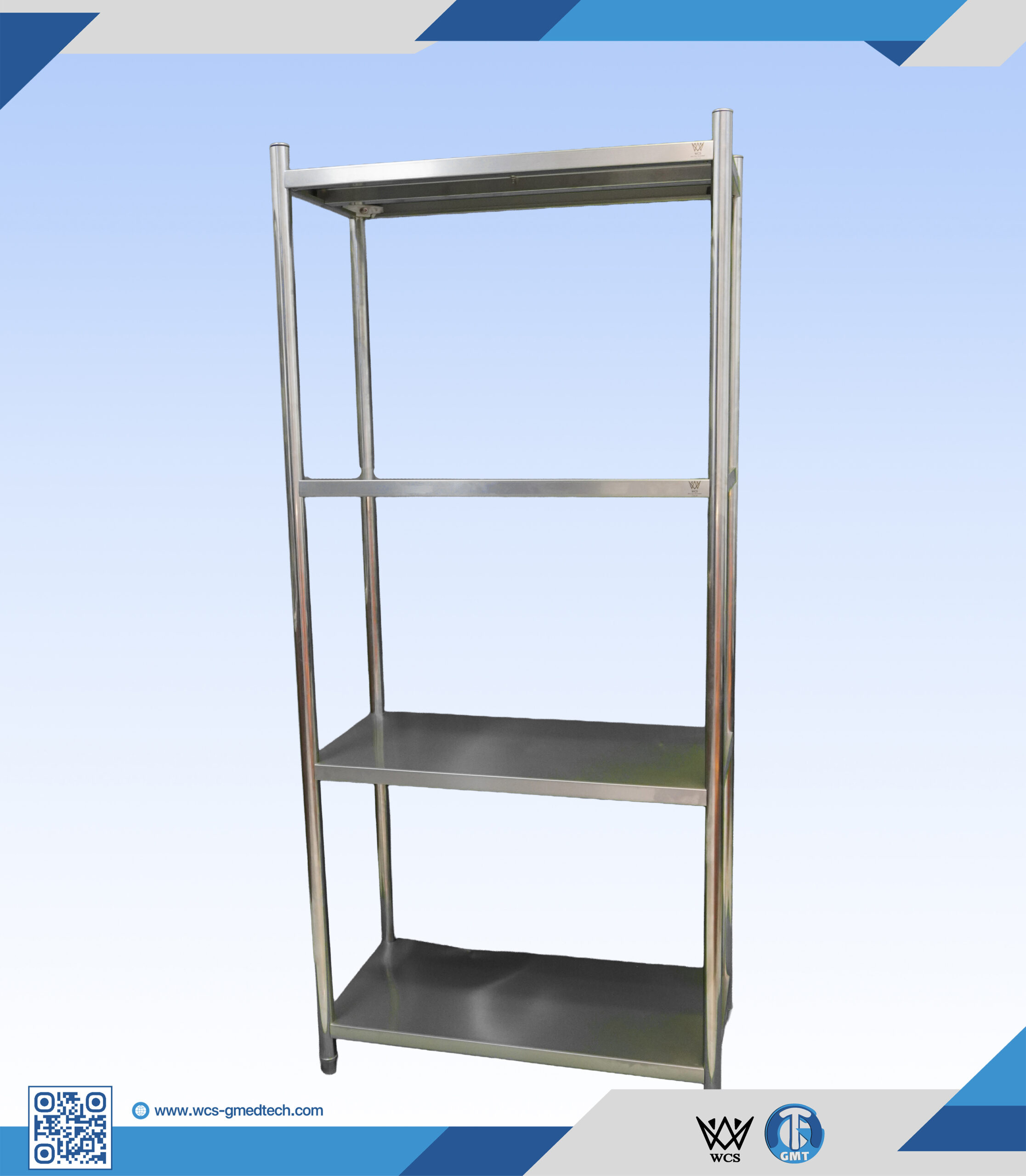 Four-tier solid stainless steel shelf unit measuring 45x120x200 cm with 38mm posts and adjustable M12 level feet