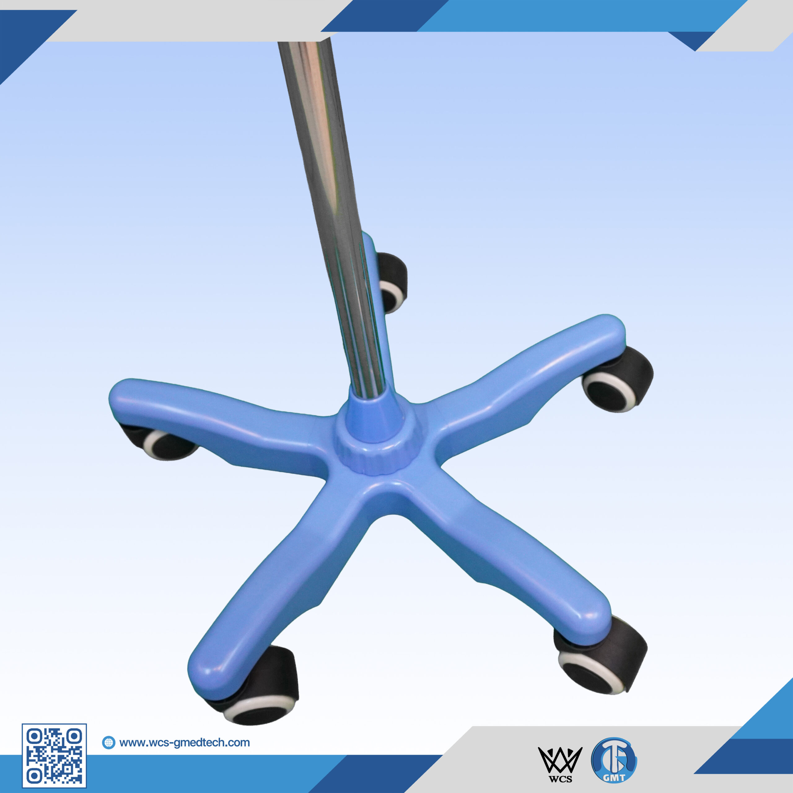 WCS-TR063 Heavy Duty V3 Stainless Steel I.V. Stand with 4 hooks, PVC dish, and 5-wheel penta base