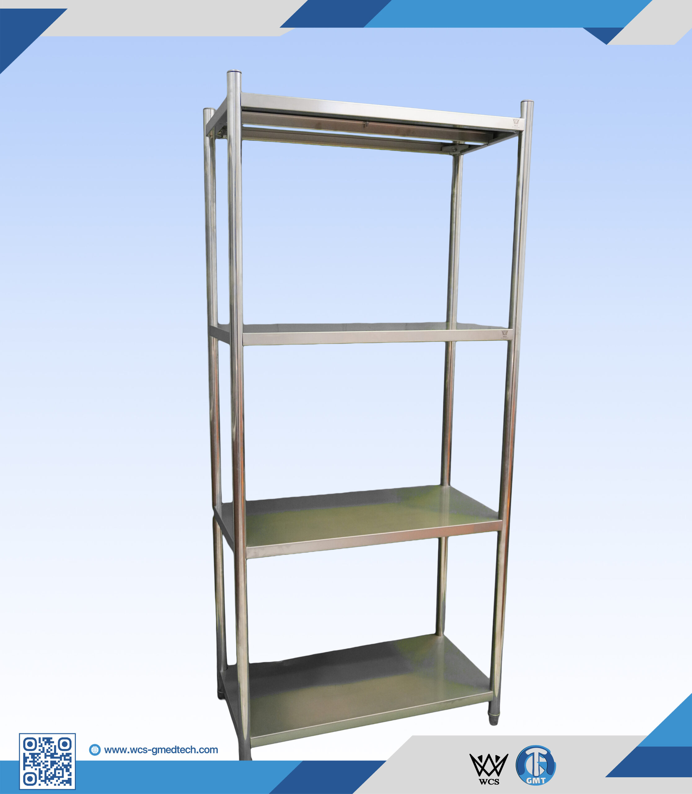 Four-tier solid stainless steel storage rack with 38mm posts and adjustable level feet, measuring 45x90x200 cm