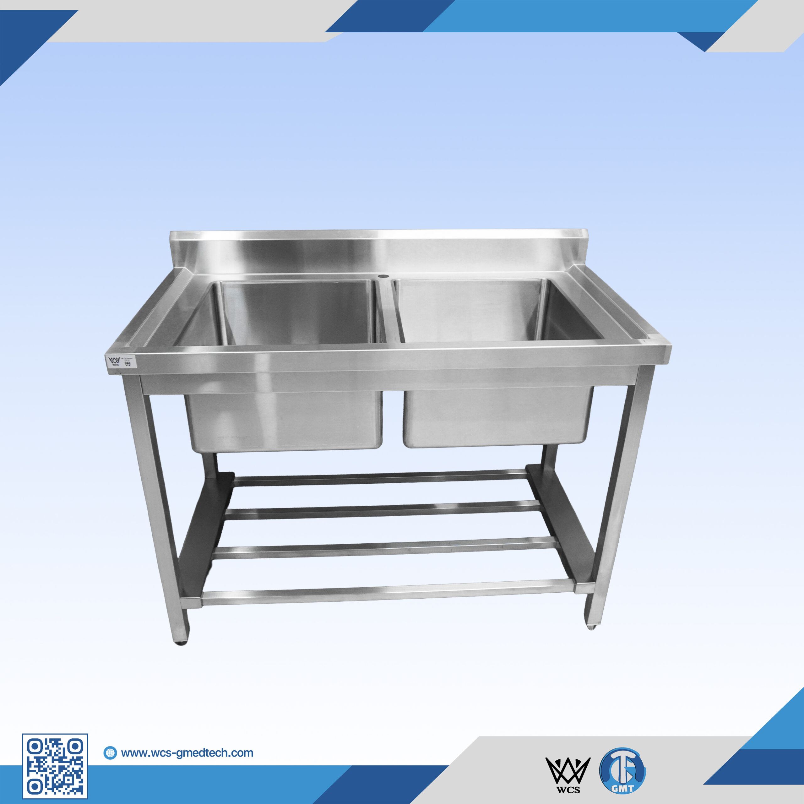 WCS-SN001 double bowel stainless steel sink table with satin finish, centrally located bowls, and under tube rack, measuring 60x120x90 cm
