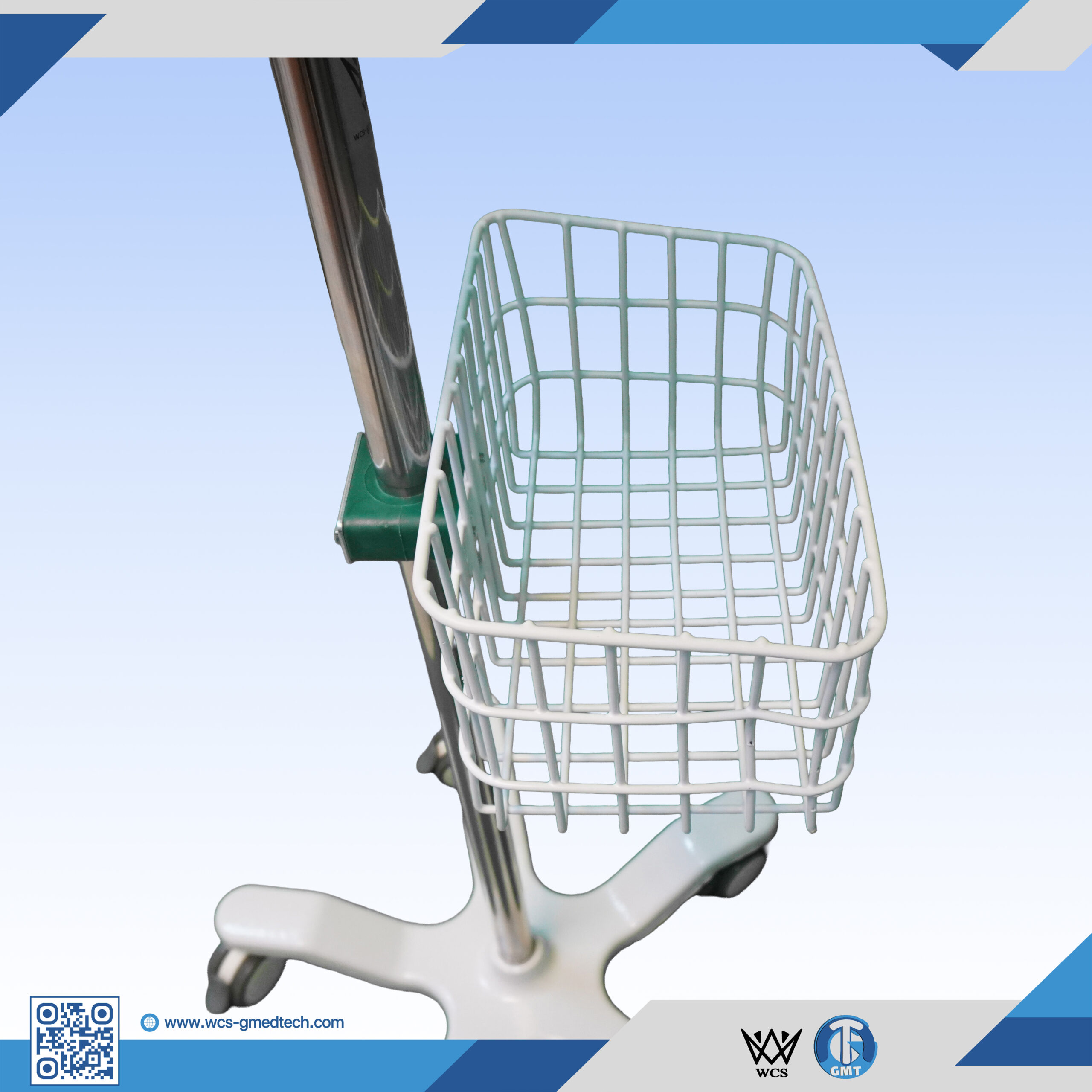 WCS-TR064 Heavy Duty V4 IV Stand with stainless steel pole, 4 hooks, PVC dish, powder coated basket, and 5-caster penta base