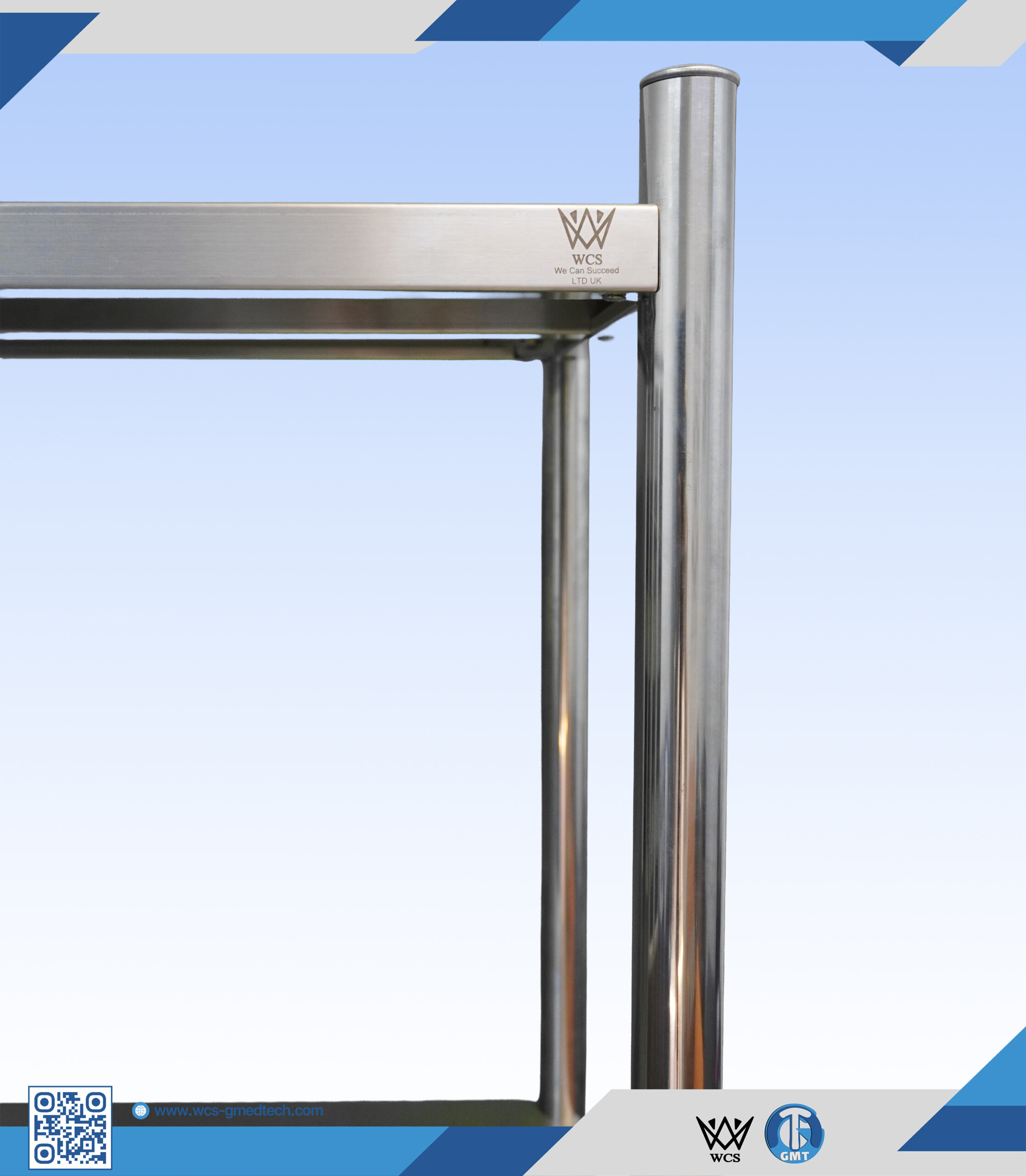 Four-tier solid stainless steel storage rack with 38mm posts and adjustable level feet, measuring 45x90x200 cm