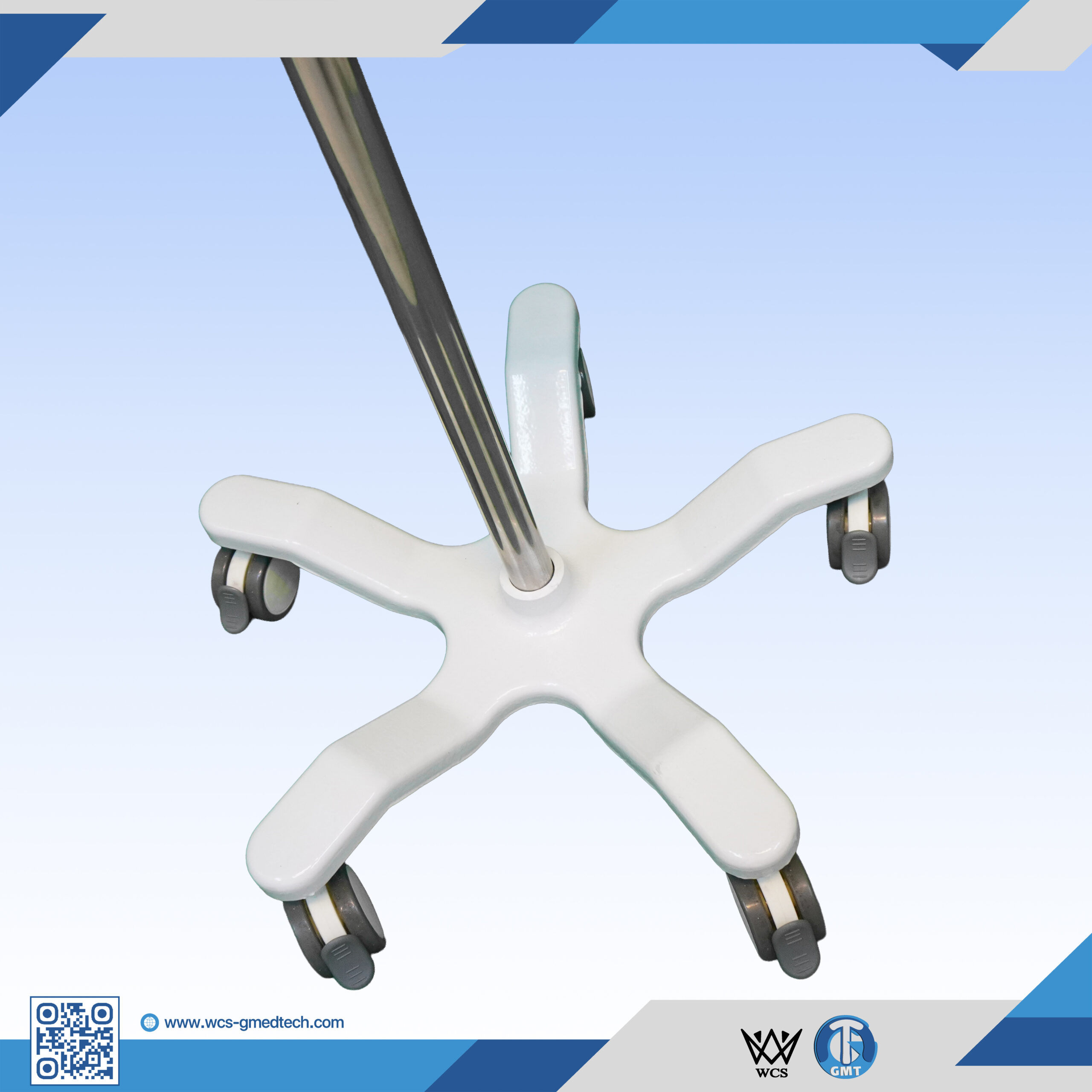 WCS-TR064 Heavy Duty V4 IV Stand with stainless steel pole, 4 hooks, PVC dish, powder coated basket, and 5-caster penta base