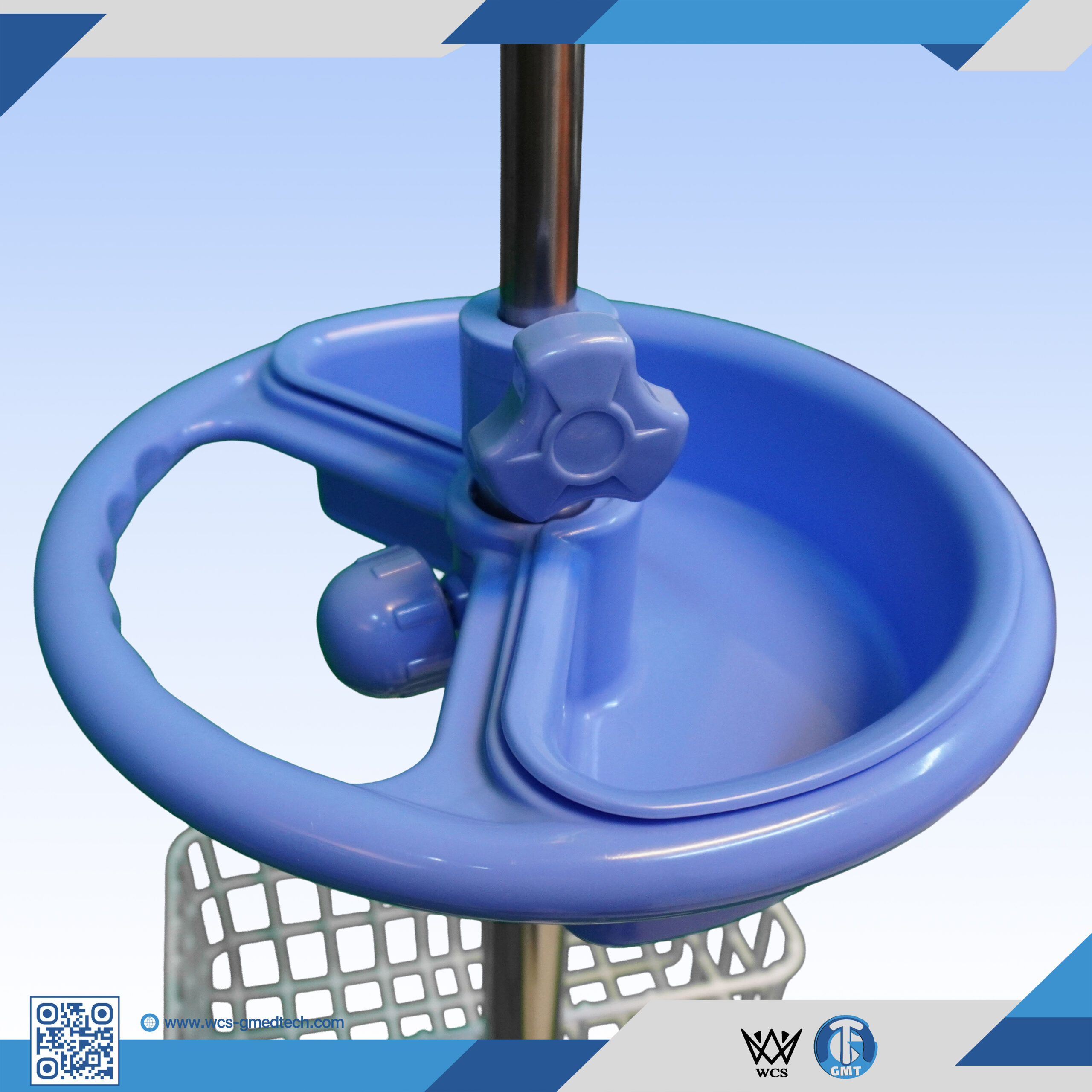 WCS-TR064 Heavy Duty V4 IV Stand with stainless steel pole, 4 hooks, PVC dish, powder coated basket, and 5-caster penta base