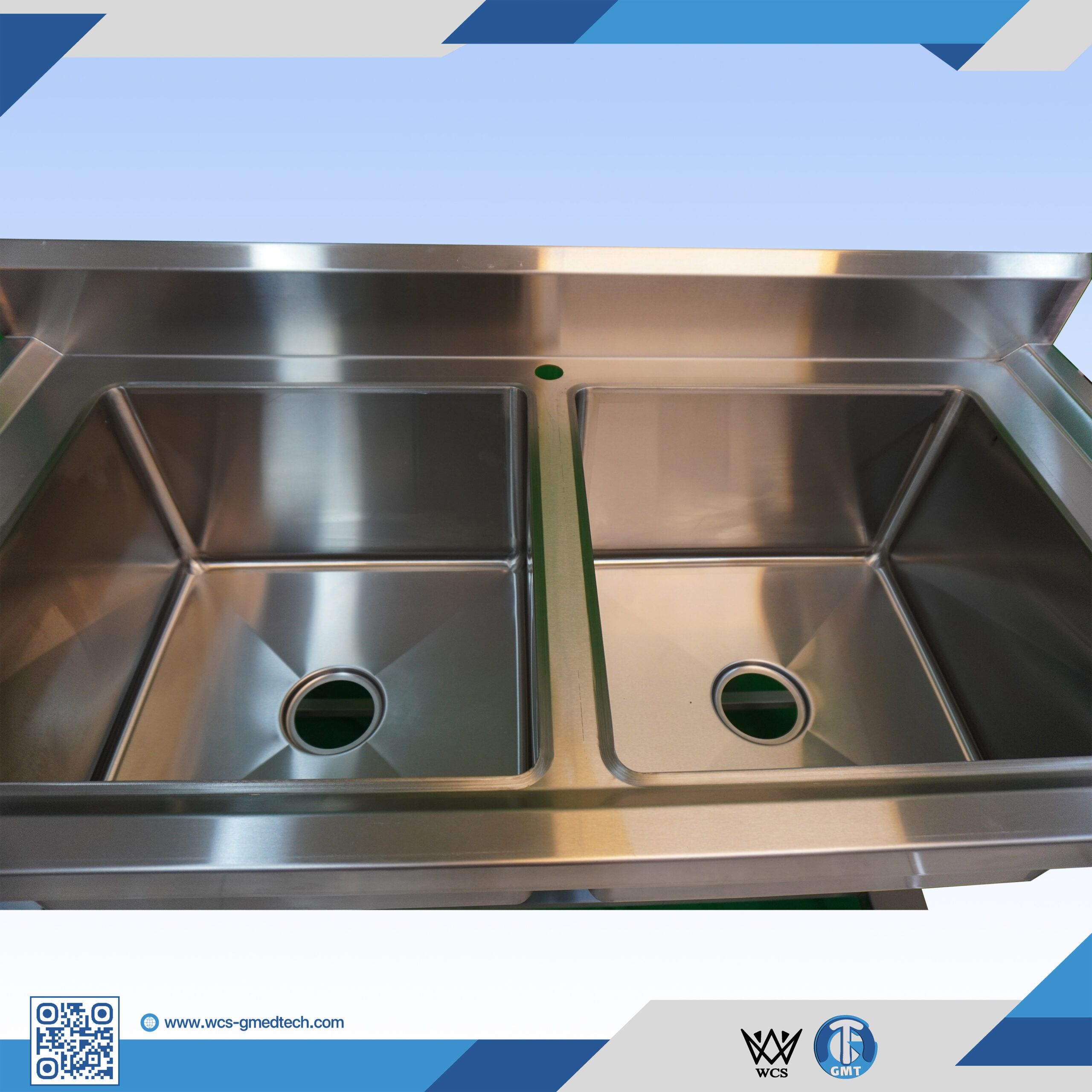 WCS-SN001 double bowel stainless steel sink table with satin finish, centrally located bowls, and under tube rack, measuring 60x120x90 cm