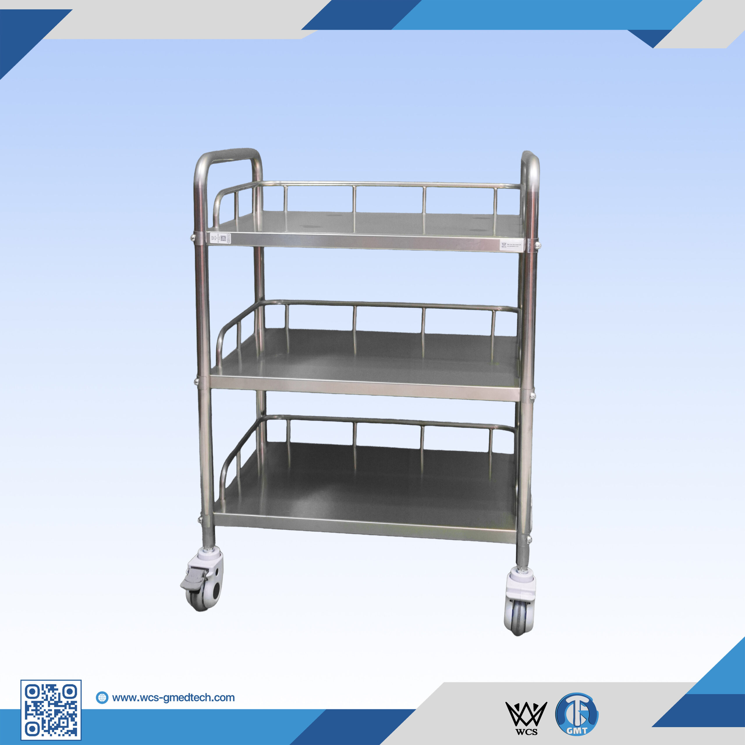WCS-TR042 three-layer stainless steel utility trolley with 3-inch wheels and 0.8mm thick shelves